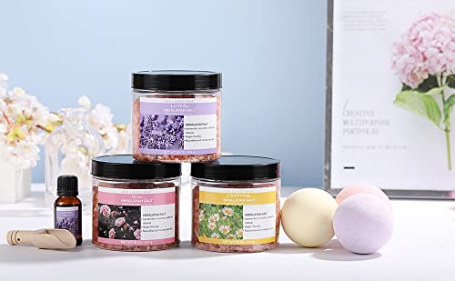 spa luxetique Bath Salts, 8pcs Bath Salts Gift Set with Argan Oil, Bath Bombs, Wooden Scoop, Epsom Salt for Soaking in Lavender, Rose, Chamomile Scent, Mother's Day Gifts