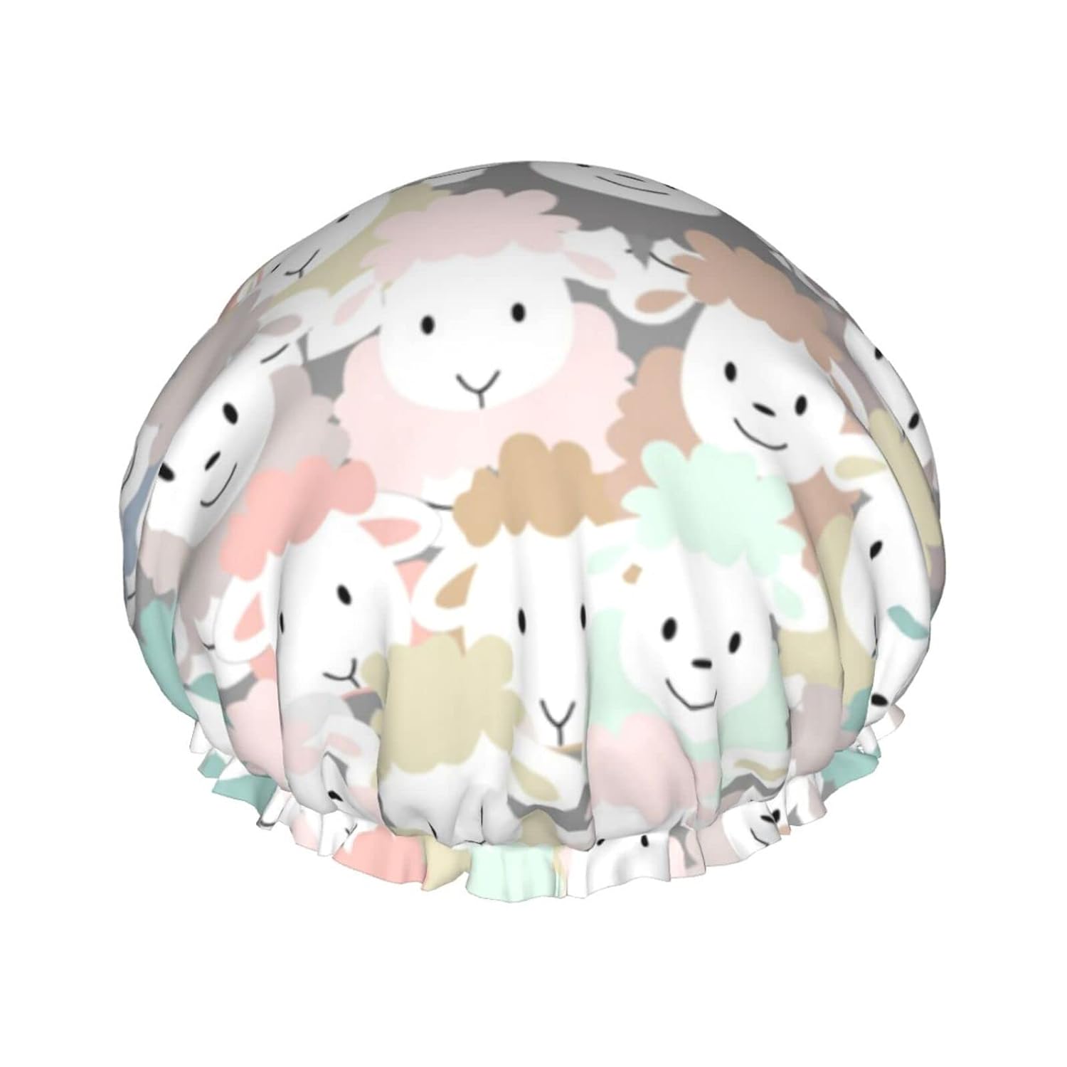 sheep cartoon pattern Shower Cap Reusable Bath Hair Cap Double Layer Waterproof Bathing Shower Hat for Ladies, Men, Kids, Spa or Salon