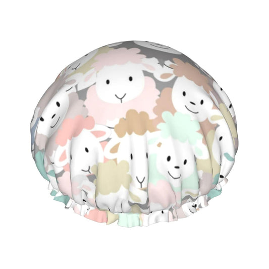 sheep cartoon pattern Shower Cap Reusable Bath Hair Cap Double Layer Waterproof Bathing Shower Hat for Ladies, Men, Kids, Spa or Salon