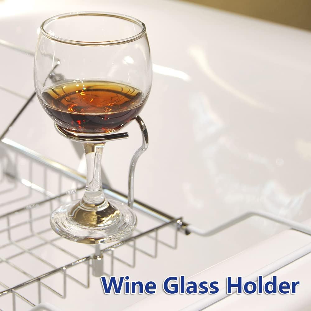 BESTHLS Bathtub Tray Caddy for Luxury Bath Expandable Extra Wide Bath Tub Tray with Wine Glass Holder & Soap Accessaries Holder & Laptop Reading and Organizer Ideal for Home Spa Lover (Silver)