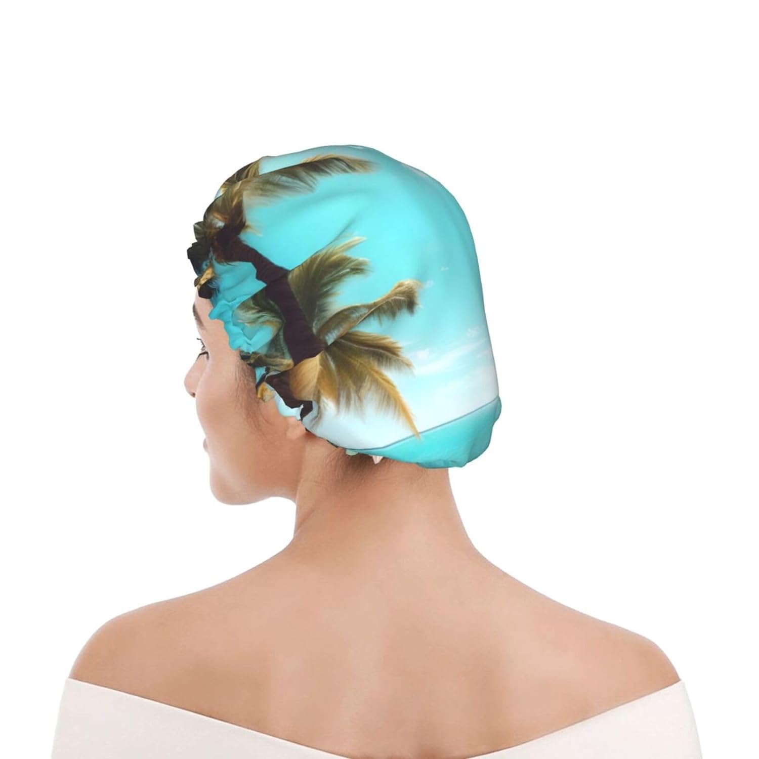 Ice Hockey print Print Reusable Shower Cap for Women,Double Waterproof Layers Bathing Hat,Quick Drying Bath Hair Cap