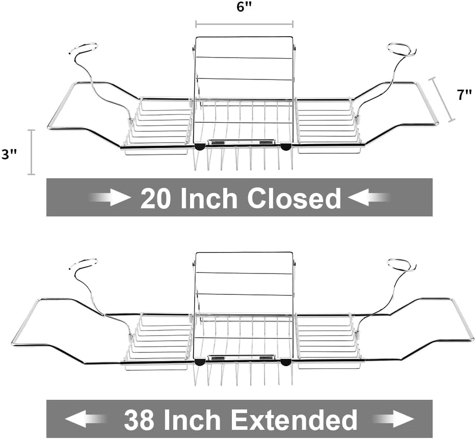 BESTHLS Bathtub Tray Caddy for Luxury Bath Expandable Extra Wide Bath Tub Tray with Wine Glass Holder & Soap Accessaries Holder & Laptop Reading and Organizer Ideal for Home Spa Lover (Silver)