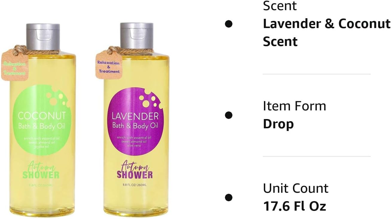 Bath and Body Oil Autumn Shower Body Oil with Sweet Almond Oil Jojoba Oil and Shea Butter, Lavender & Coconut Shower Oils Mother's Day Gift for Women Dry Skin Christmas Gift Set 17.6 fl oz (Pack of 2)