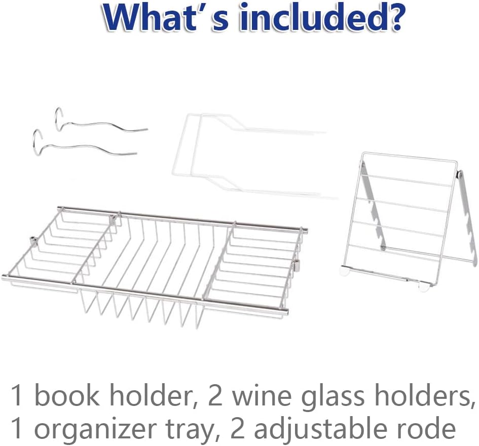 BESTHLS Bathtub Tray Caddy for Luxury Bath Expandable Extra Wide Bath Tub Tray with Wine Glass Holder & Soap Accessaries Holder & Laptop Reading and Organizer Ideal for Home Spa Lover (Silver)