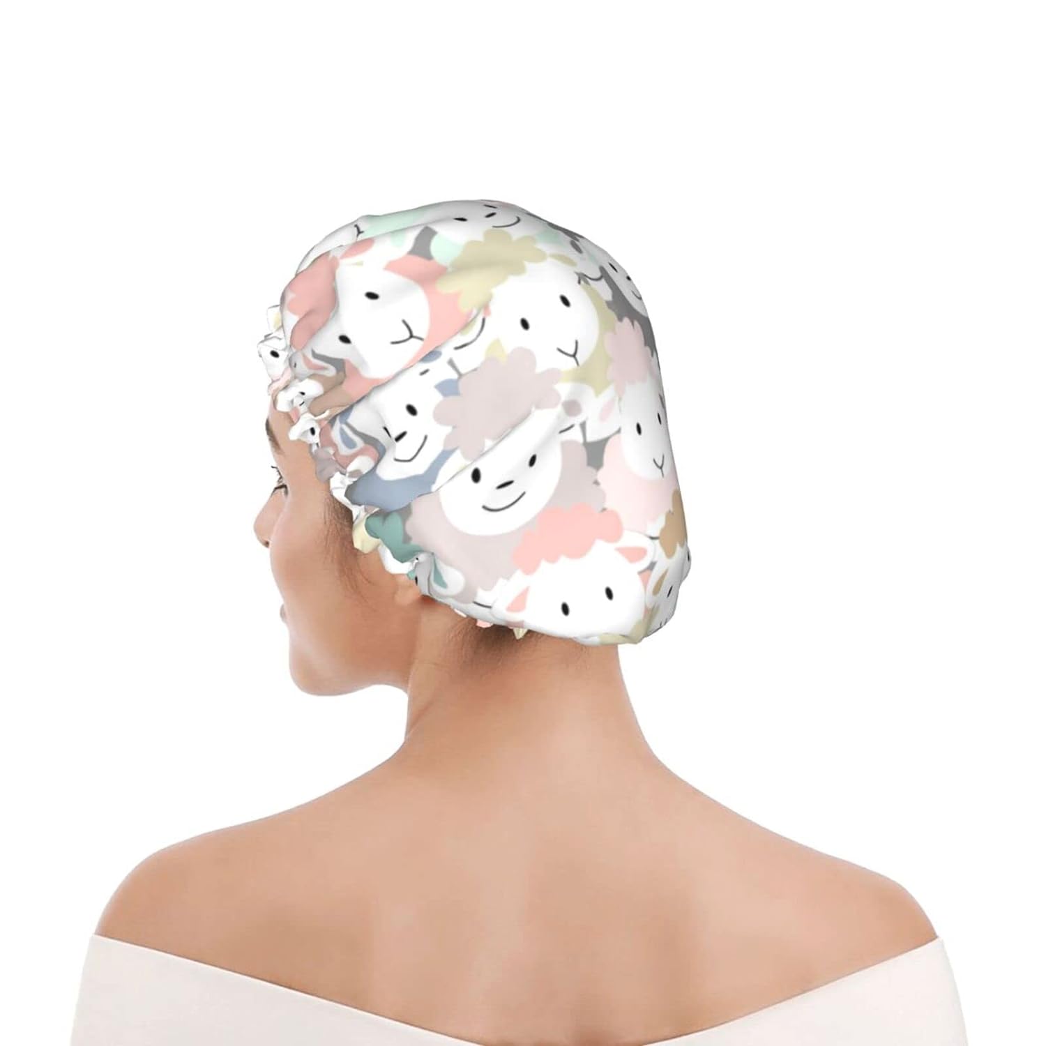 sheep cartoon pattern Shower Cap Reusable Bath Hair Cap Double Layer Waterproof Bathing Shower Hat for Ladies, Men, Kids, Spa or Salon
