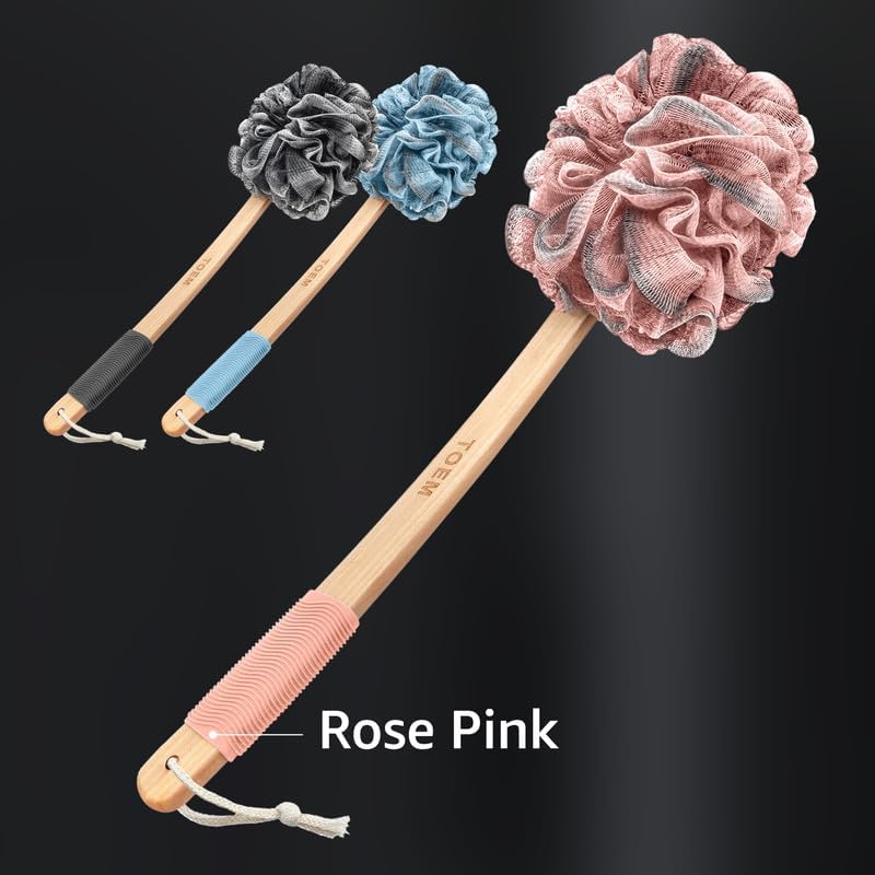 Toem Loofah Back Scrubber for Shower | Bamboo Charcoal Fiber Infused | Loufas for Men & Women | Includes 1 Long Handled Shower Sponge, 1 Bath & Shower Luffa Pouf & 1 Hook to Hang Stuff (Slate Grey)