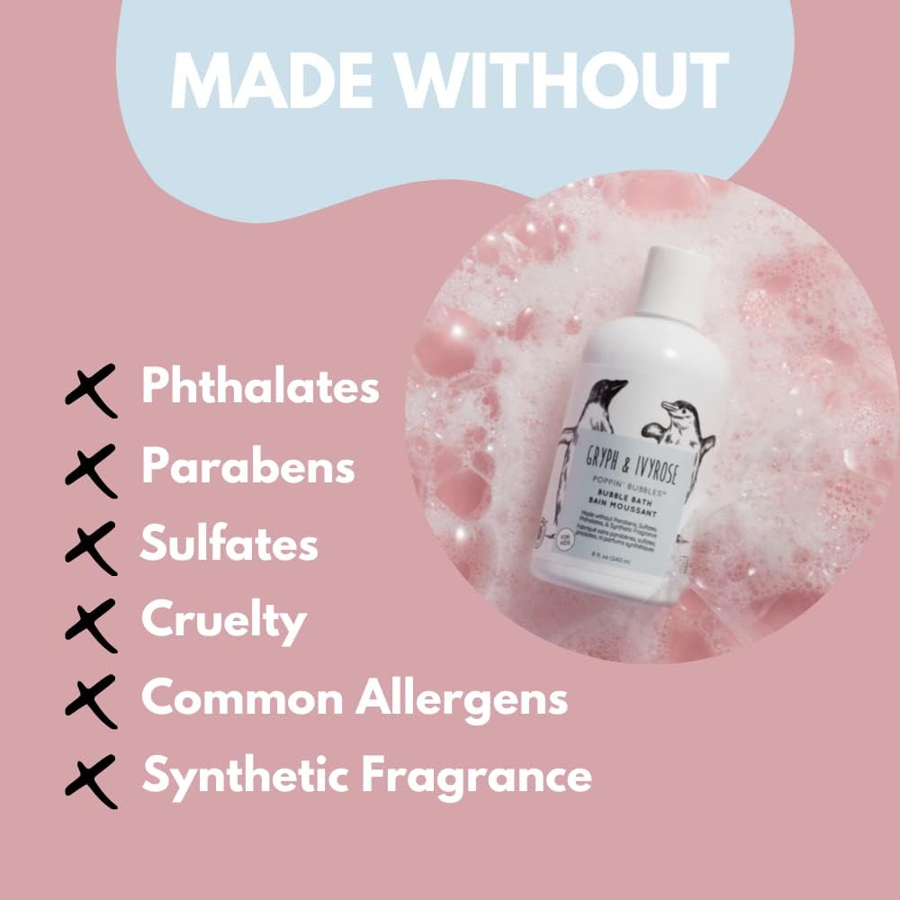 Gryph & IvyRose Poppin’ Bubbles Bath Soap for Babies - Gentle Soft on Skin Herbal Bubble Bath for Kids - Vegan Fragrance Free Soap For Children - 8 fl oz