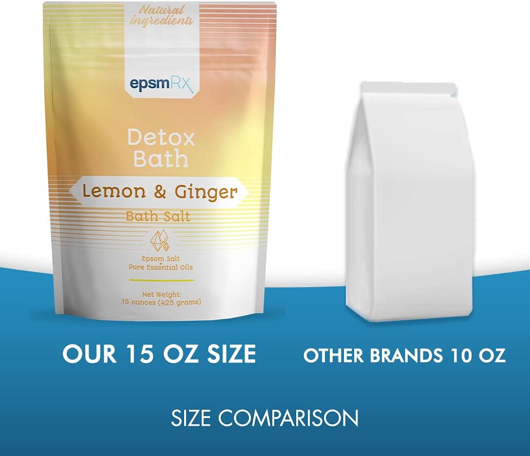 epsmRx Detox Bath Salt 15 Oz Epsom Salt Bath Soak Pouch, Lemon Essential Oil, Ginger Essential Oil
