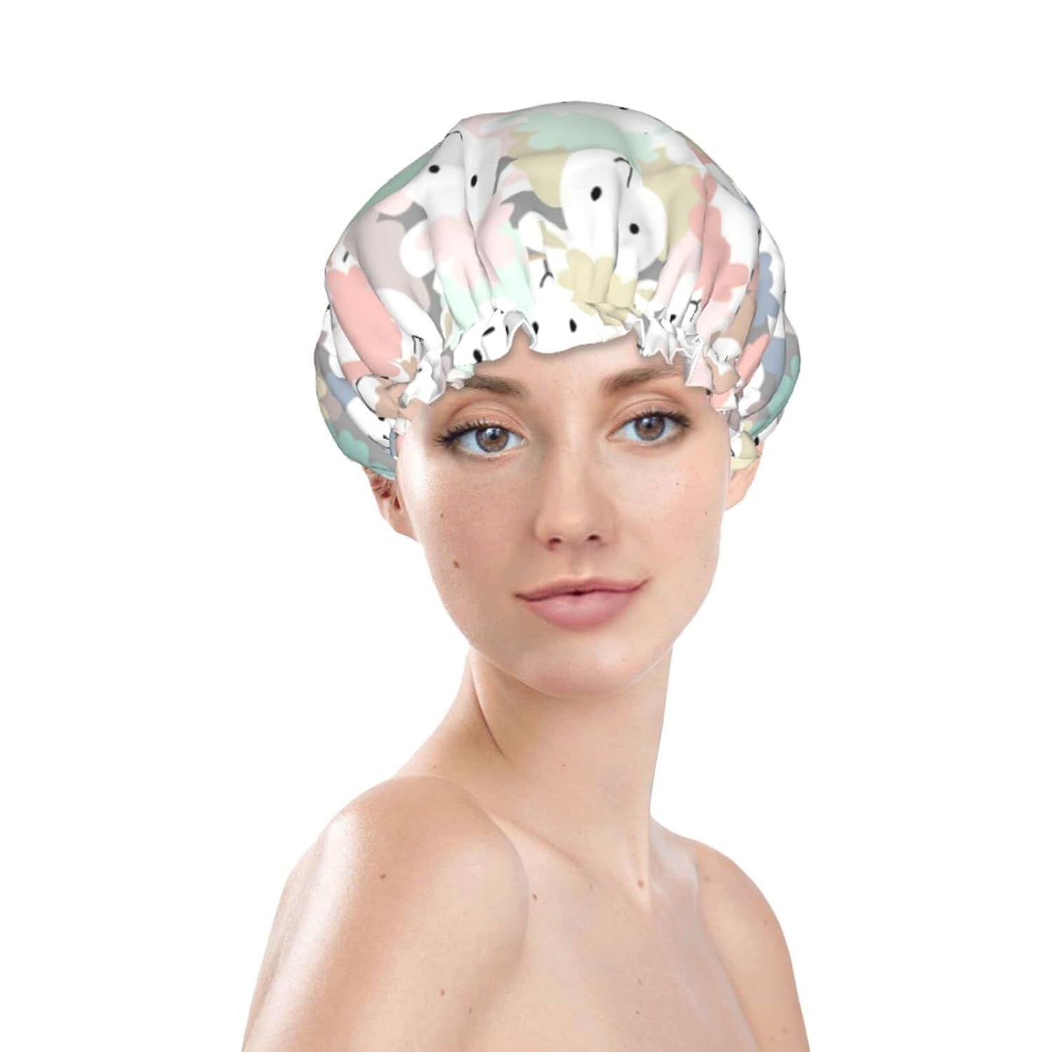 sheep cartoon pattern Shower Cap Reusable Bath Hair Cap Double Layer Waterproof Bathing Shower Hat for Ladies, Men, Kids, Spa or Salon