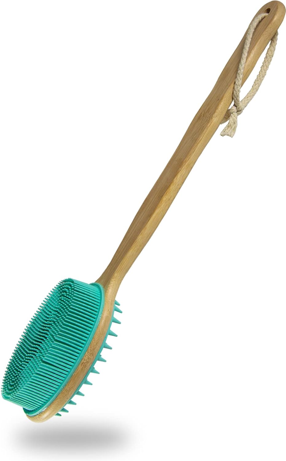 Silicone Body Scrubber with Long Handle, Dual-Sided Exfoliating Back Scrubber, 2 in 1 Bath Shower Brush for Dry and Wet - Green