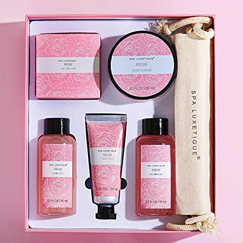 Spa Luxetique Gift Set for Women, Spa Set for Women, Rose Spa Gift Set, Spa Kit for Women Includes Body Lotion, Shower Gel, Bubble Bath, Hand Cream, Valentine's Day Gifts for Her