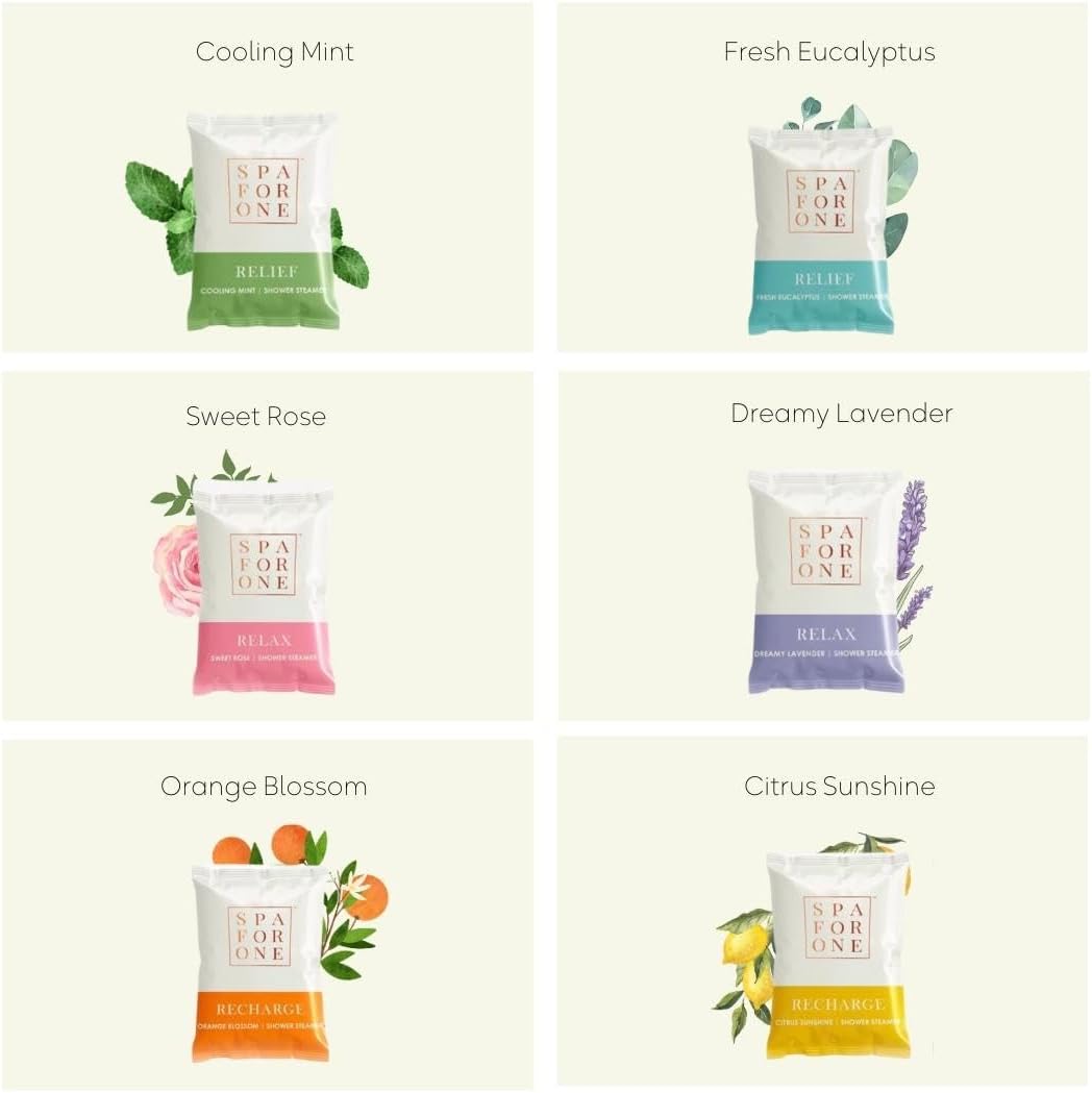 Spa For One Aromatherapy Shower Steamers 6 Pack with Natural Essential Oils - Valentine's Day Gifts for Her, Birthday Gifts for Women and Men, Relaxation and Luxury Self Care