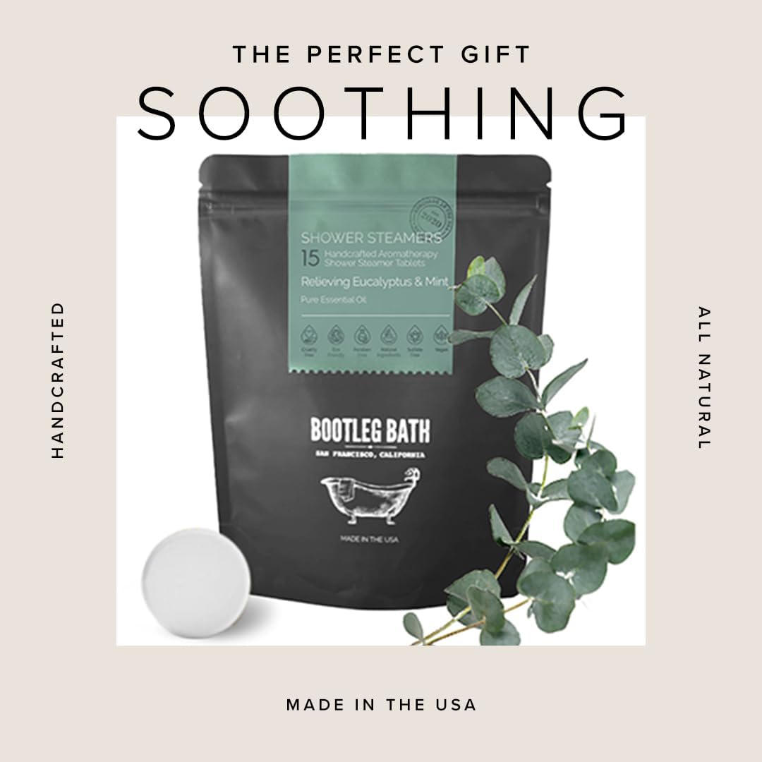 BOOTLEG BATH Shower Steamers Aromatherapy 15 Pack, 100% Pure Essential Oil, Eucalyptus, All Natural, for Men and Women, Made in USA