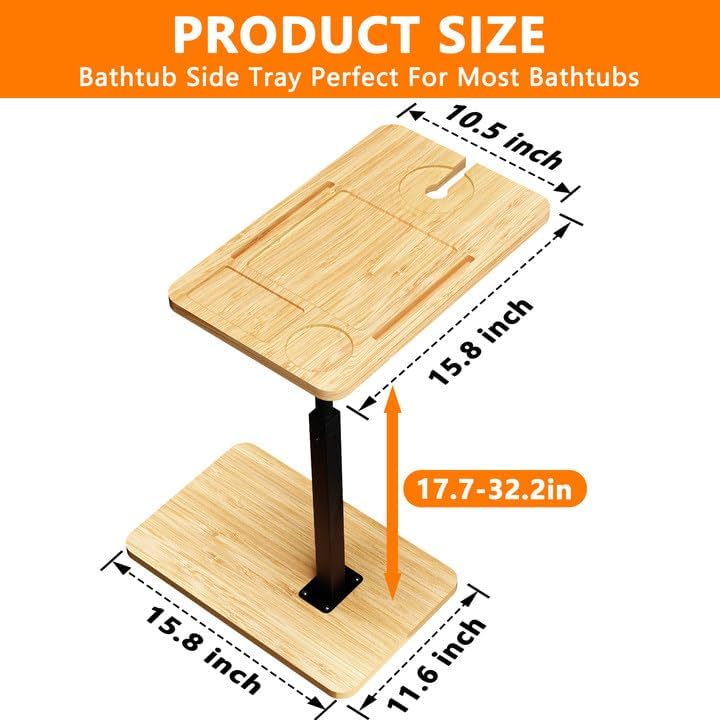 Bathtub Caddy Tray Table with Adjustable Height, Freestanding Bath Caddy Tray with Reading Rack, Tablet Holder, Cellphone Tray and Wine Glass Holder, Organizer Tray-A