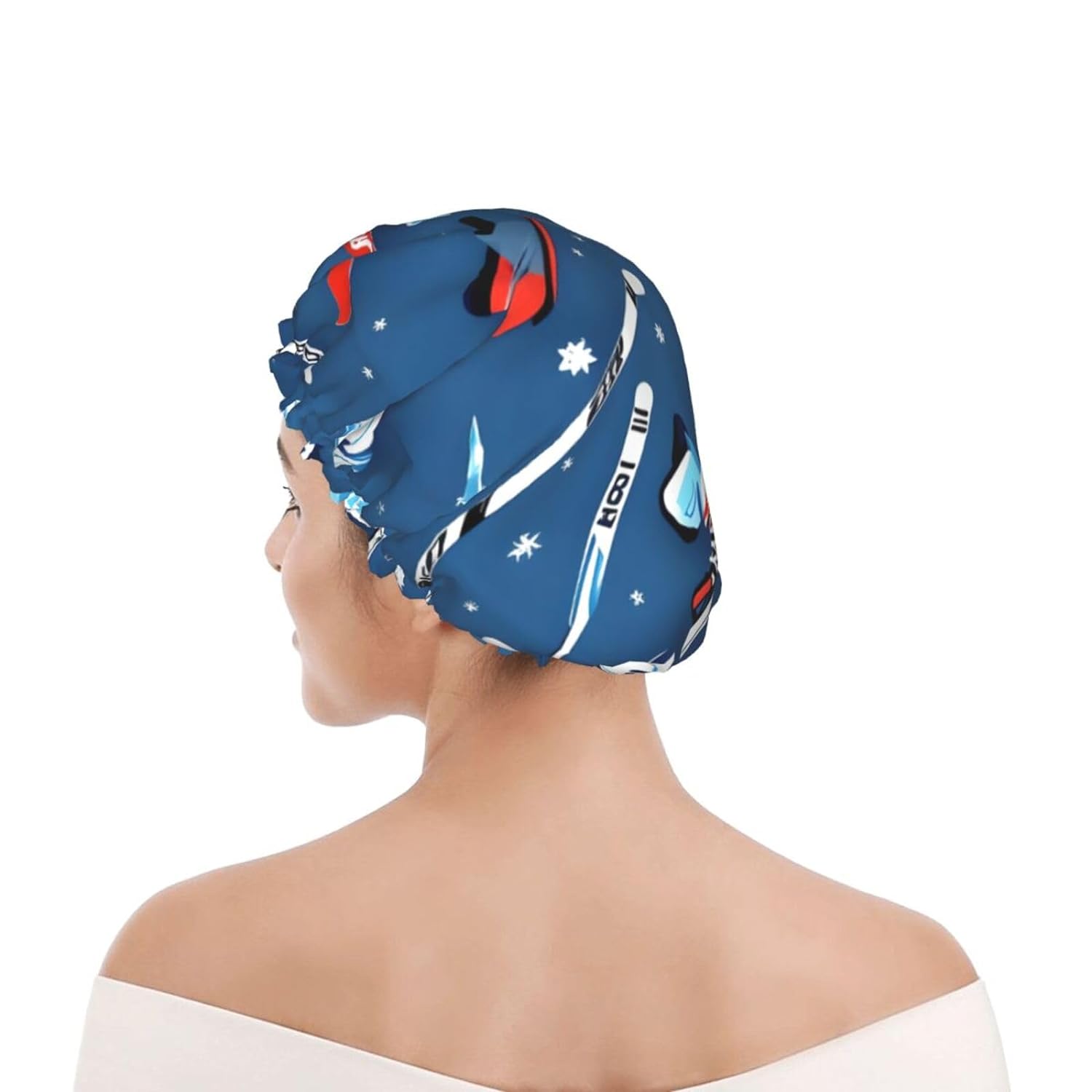 Ice Hockey print Print Reusable Shower Cap for Women,Double Waterproof Layers Bathing Hat,Quick Drying Bath Hair Cap
