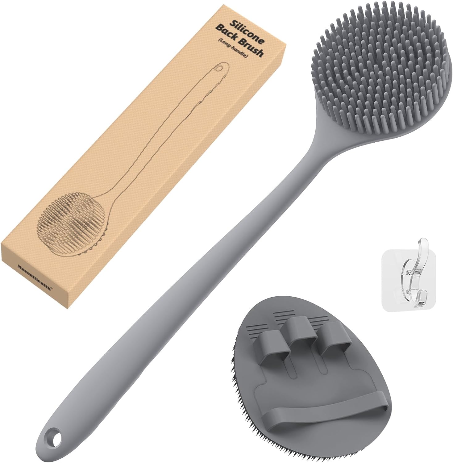 Manmihealth Silicone Back Scrubber(Thick Bristles) & Soft Bath Glove Set, Super-Exfoliating Body Scrubber & Super-Lathering Shower Brush Combination, with a Free Hook.(Black)