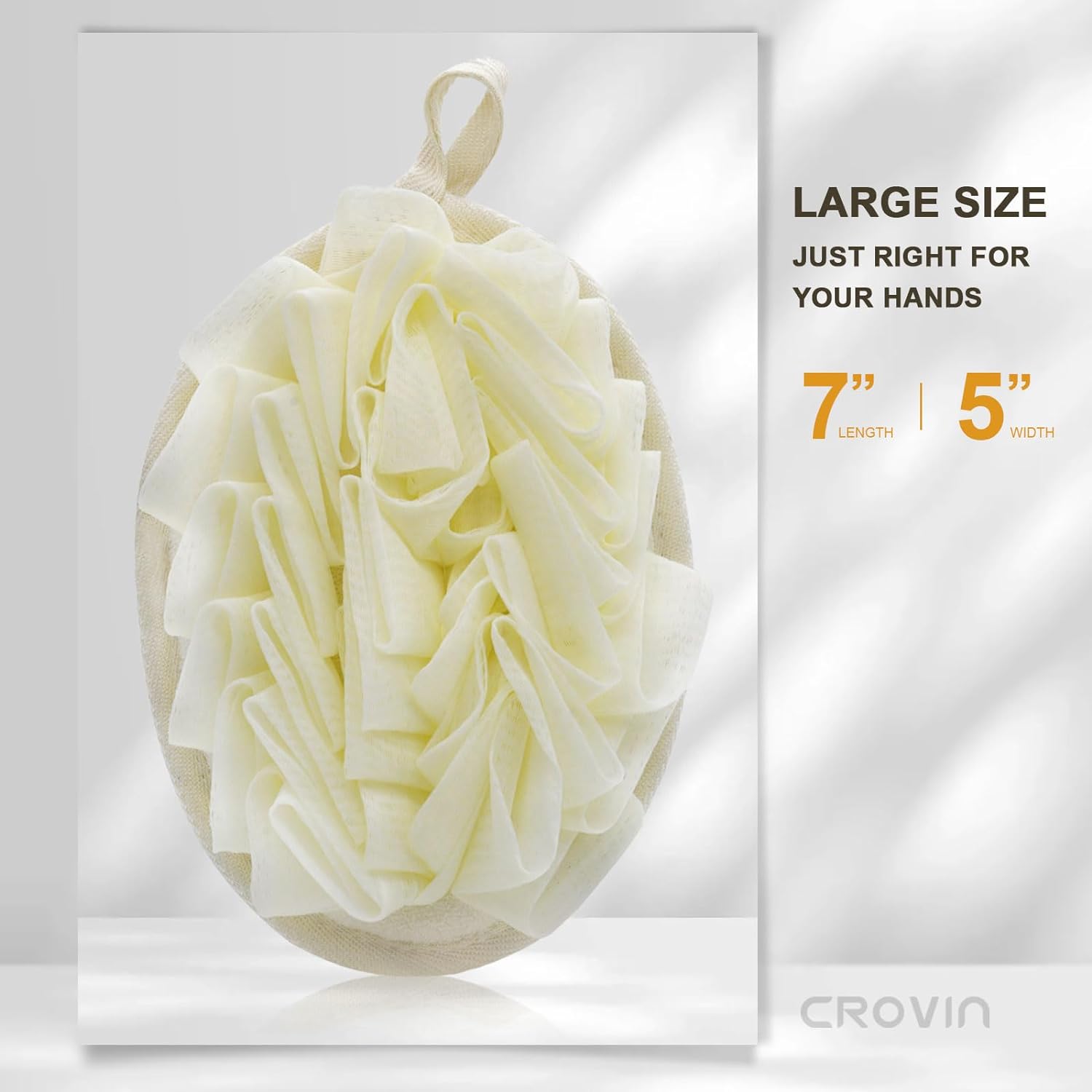 CROVIN Shower Puff 4 Pack Bath Sponge Shower Loofahs Pouf Large 7x5 Premium Exfoliating Mesh Puffs for Men and Women-Elastic Hand Strap Body Brush to Soothe, Cleanse Your Skin