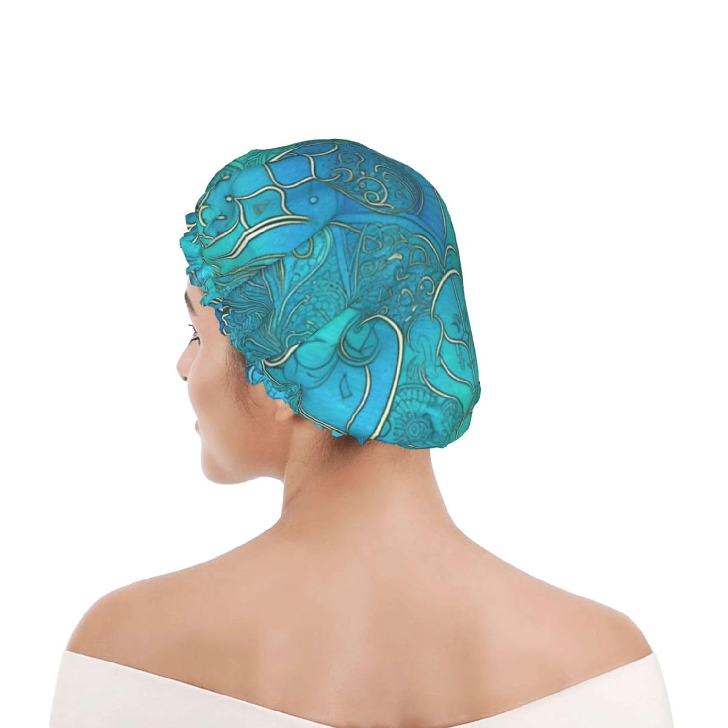 Turquoise Pattern Printed Shower Cap For Women Double Layer Waterproof Bath Hair Hat Reusable Bath Caps Elastic Hair Protection Ladies Spa Salon Bathing Shower Hat