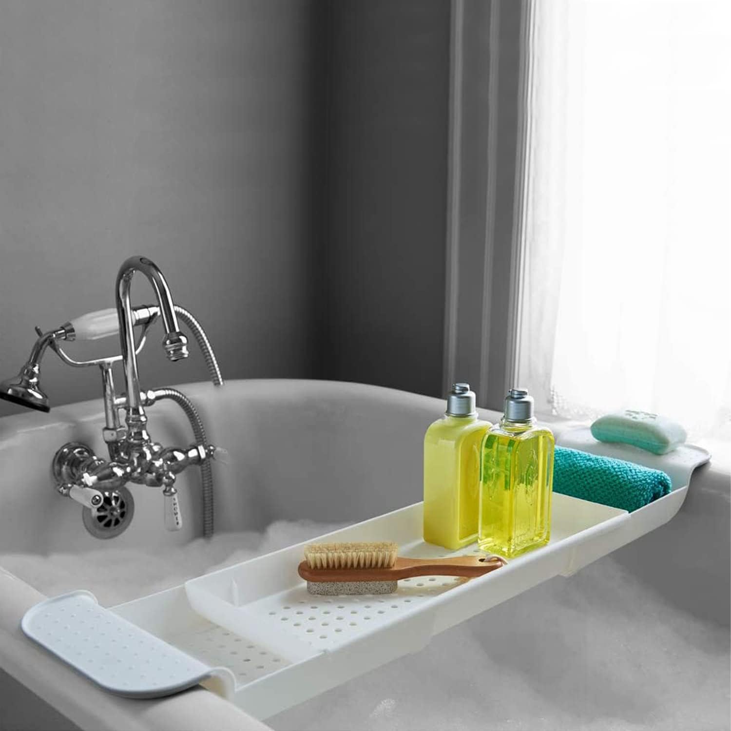 Expandable Drain Bath Shelf Caddy Tray, Multifunctional Plastic Bathtub Tray Bathroom Organizer Simple Stylish Bathtub Storage Rack for Candle Towel, Book, Wine, Phone, Shower (Grey - 1pcs)