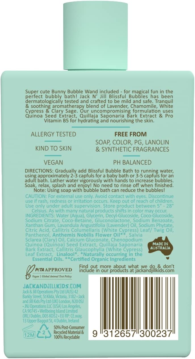 Jack N' Jill Natural Bathtime Blissful Bubbles with Bubble Wand - Bubble Bath for Baby, Toddlers, Kids, Dermatologically Tested, for Sensitive Skin, No Artificial Fragrances - 300 mL, 1 Pack