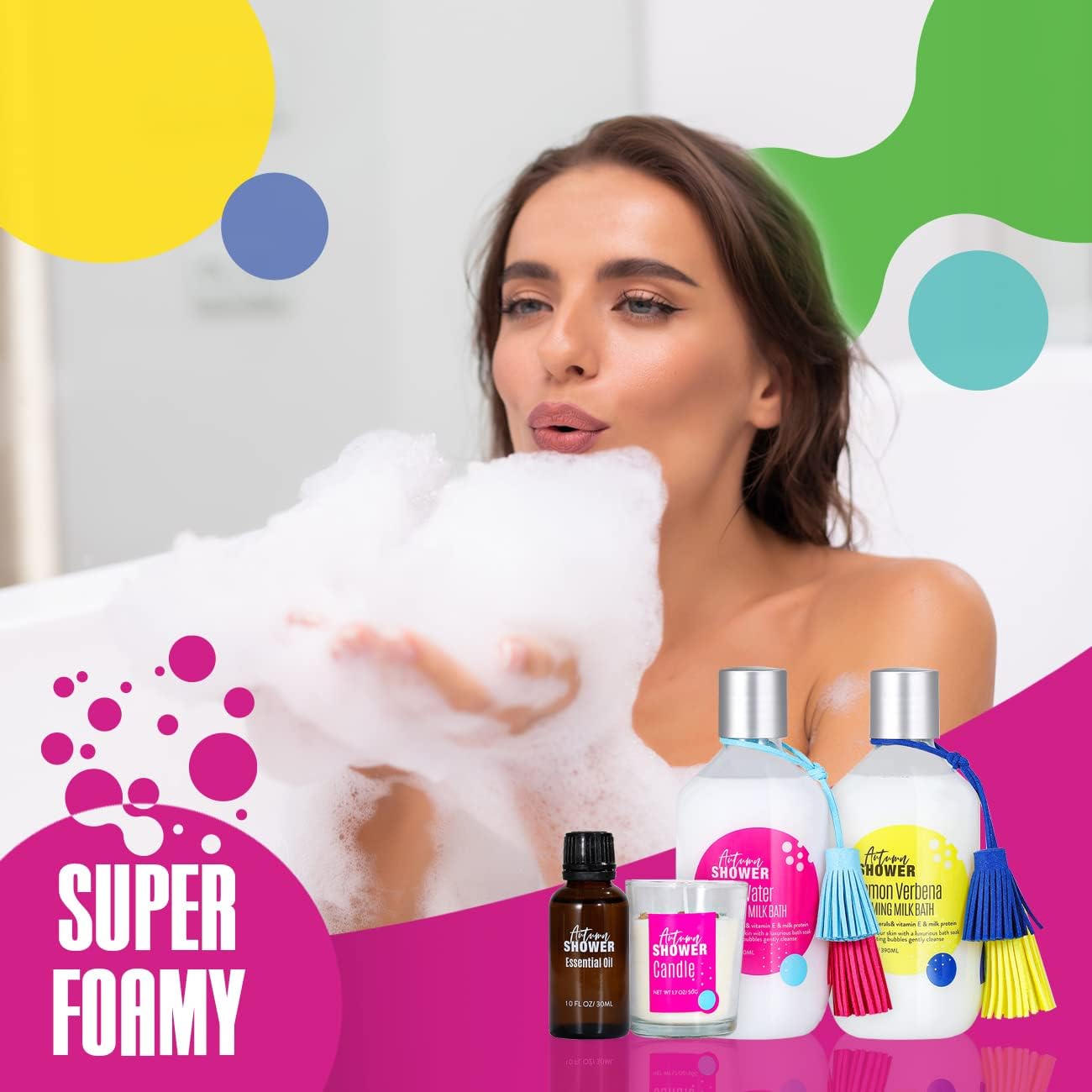Autumn Shower Bubble Bath Kit - Includes Essential Oils, Scented Candle, Rose Water, and Eucalyptus Mint Milk Bath - Natural Bubble Bath for Kids and Adults with Epsom Salt.