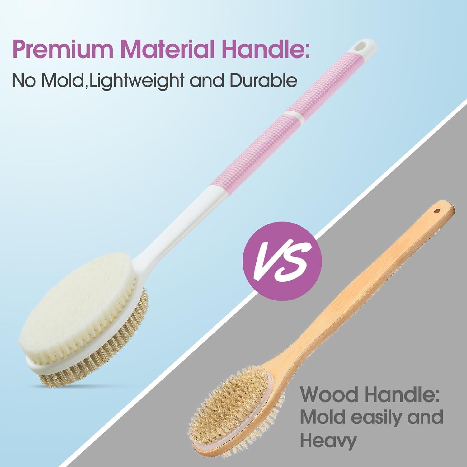 Backski Back Scrubber Anti Slip for Shower,Shower Brush Long Handle with Stiff and Soft Bristles,Body Exfoliator for Bath or Dry Brush(Blue)