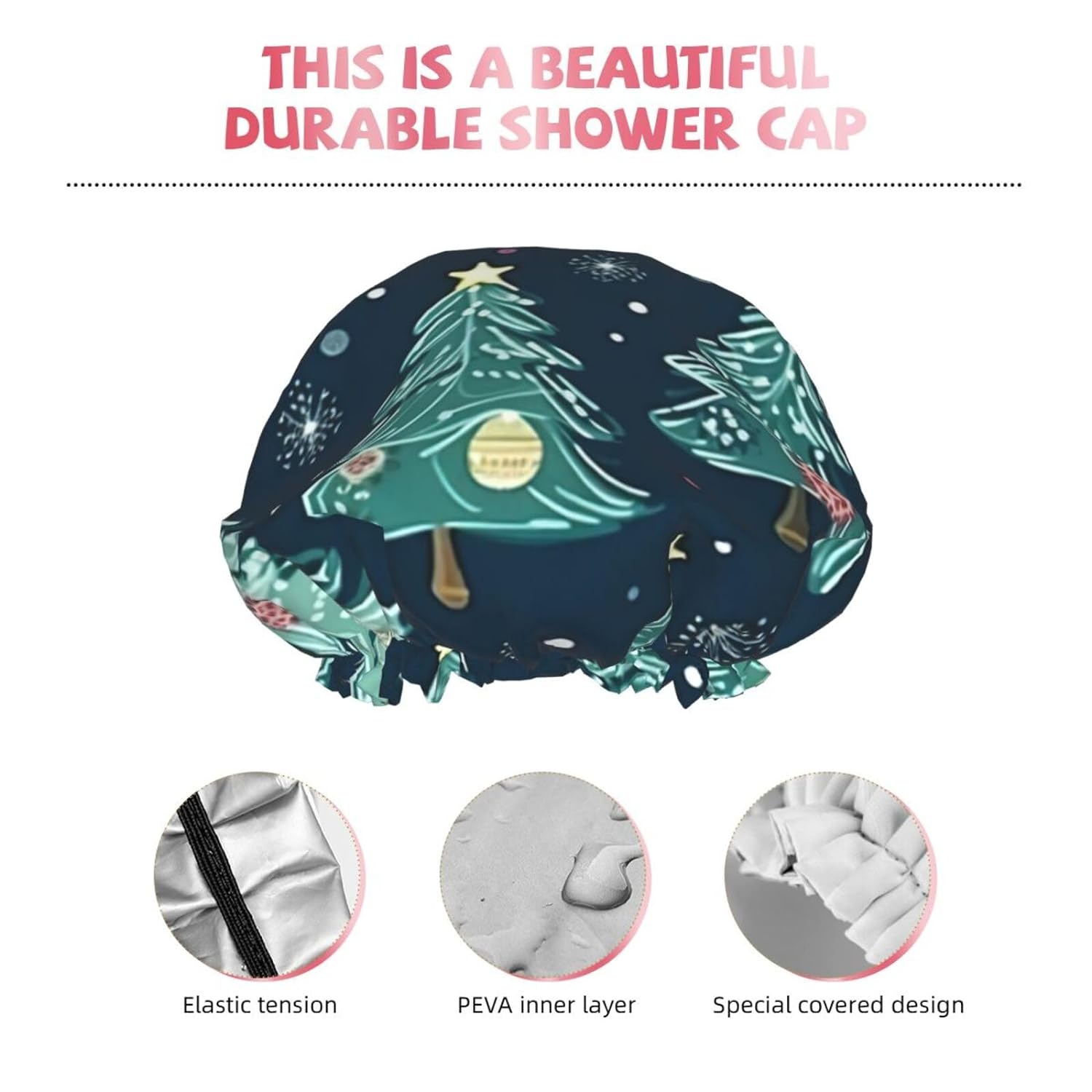 Double Layer Waterproof Shower Cap for Women - Lightweight, Portable, and Reusable Bath Accessory for Long Hair Xmas Tree Ball Stars