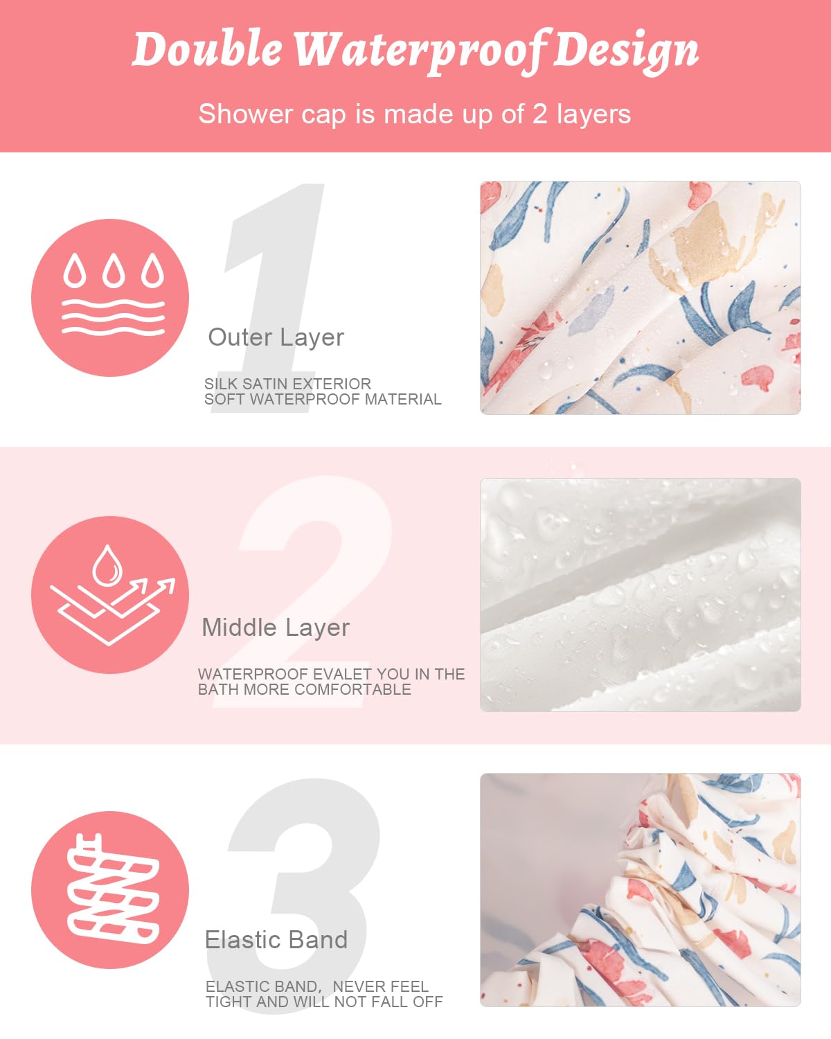 Aquior Shower Caps, Double Layer Waterproof Shower Cap for Women, Reusable Large Shower Cap for all Hair Lengths with EVA Lining, Soft Bath Shower Caps