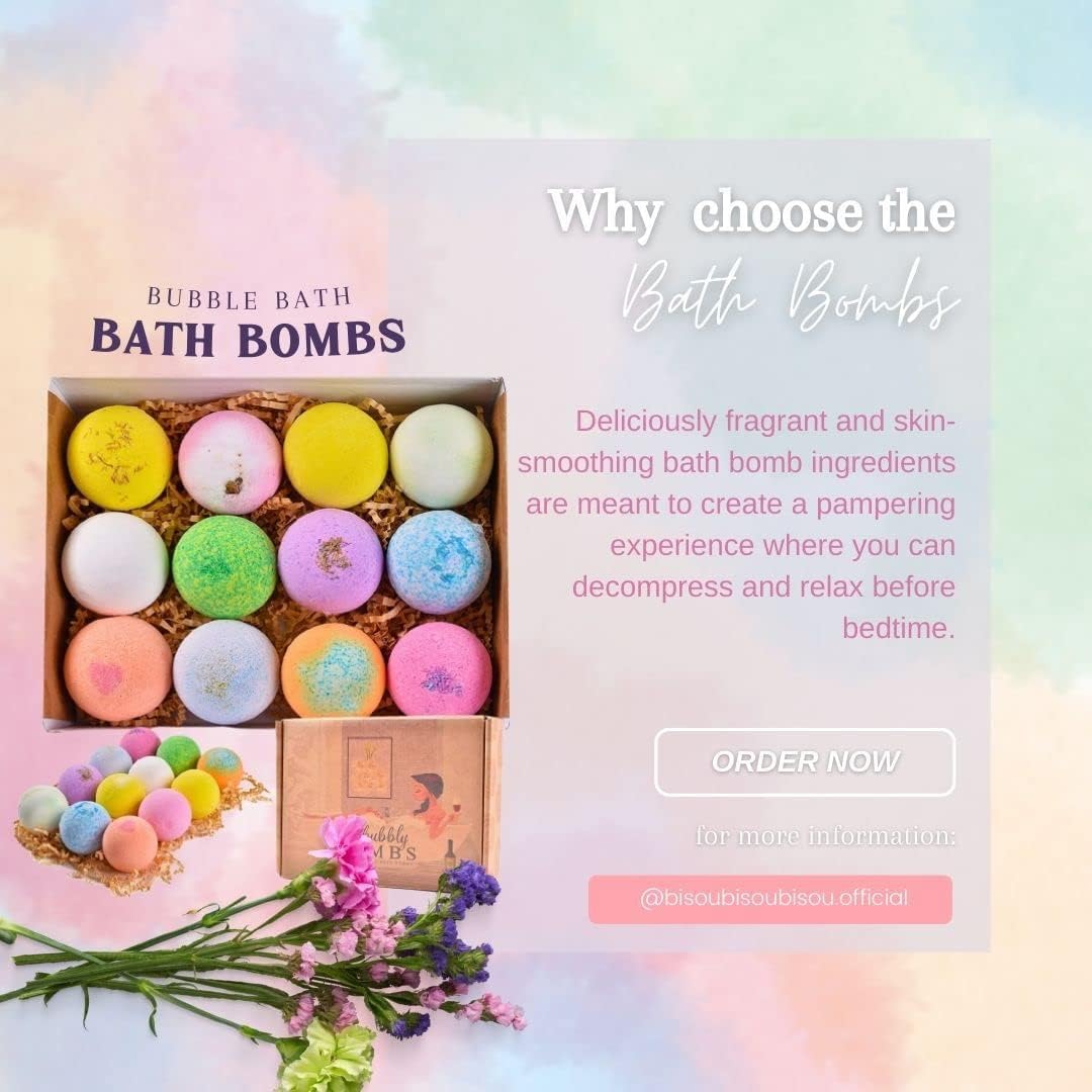 Bath Bombs Gift Set of 12, Natural Bath Bombs with Fizzes, Shea, Coco Butter, Scented Organic Bath Bomb, Gift Set for Women, Bath Bombs for Women