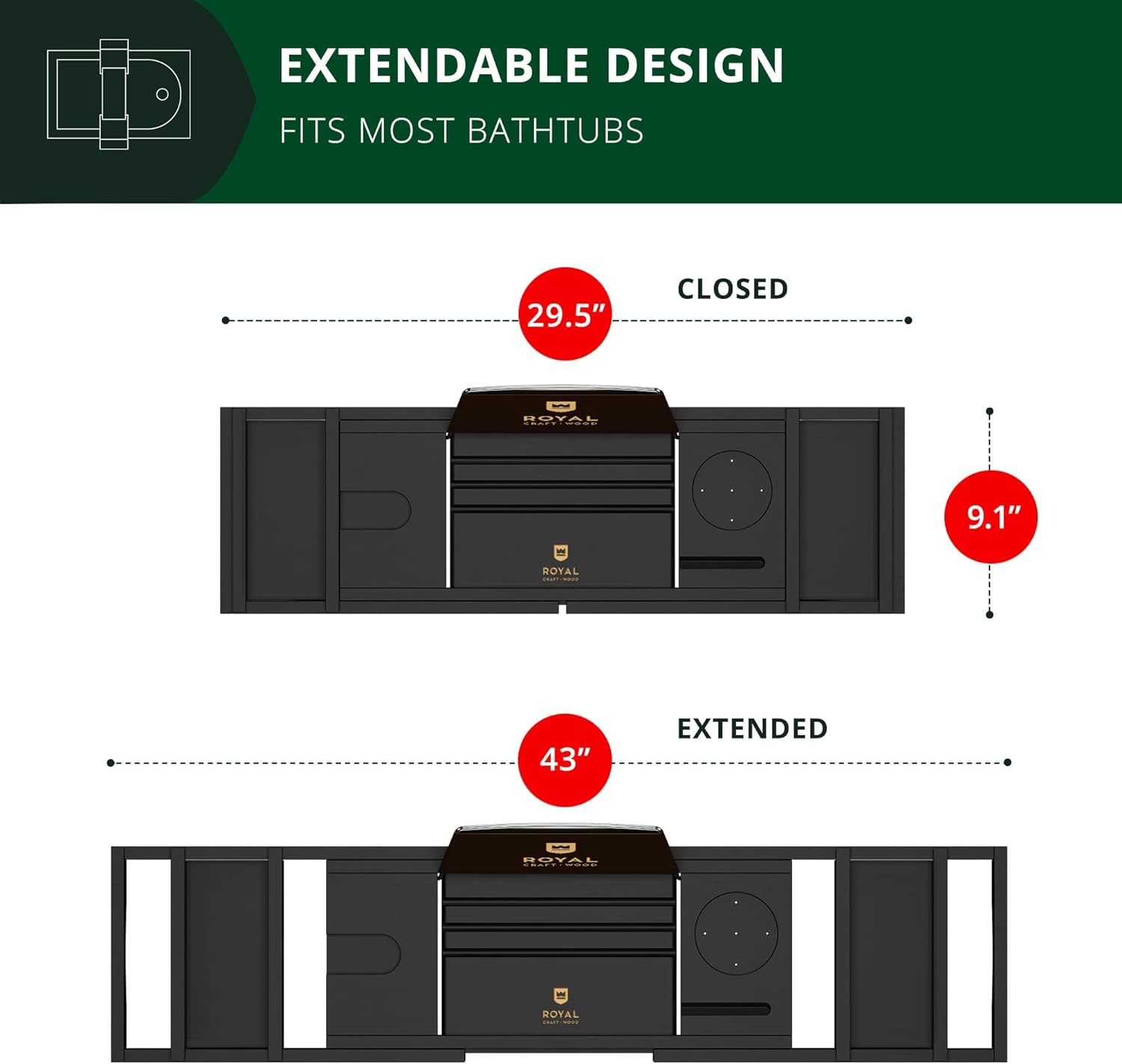 ROYAL CRAFT WOOD Foldable Bathtub Tray Caddy Bamboo Bathtub Tray Expandable, Bath Tub Table Caddy with Extending Sides - Free Soap Dish