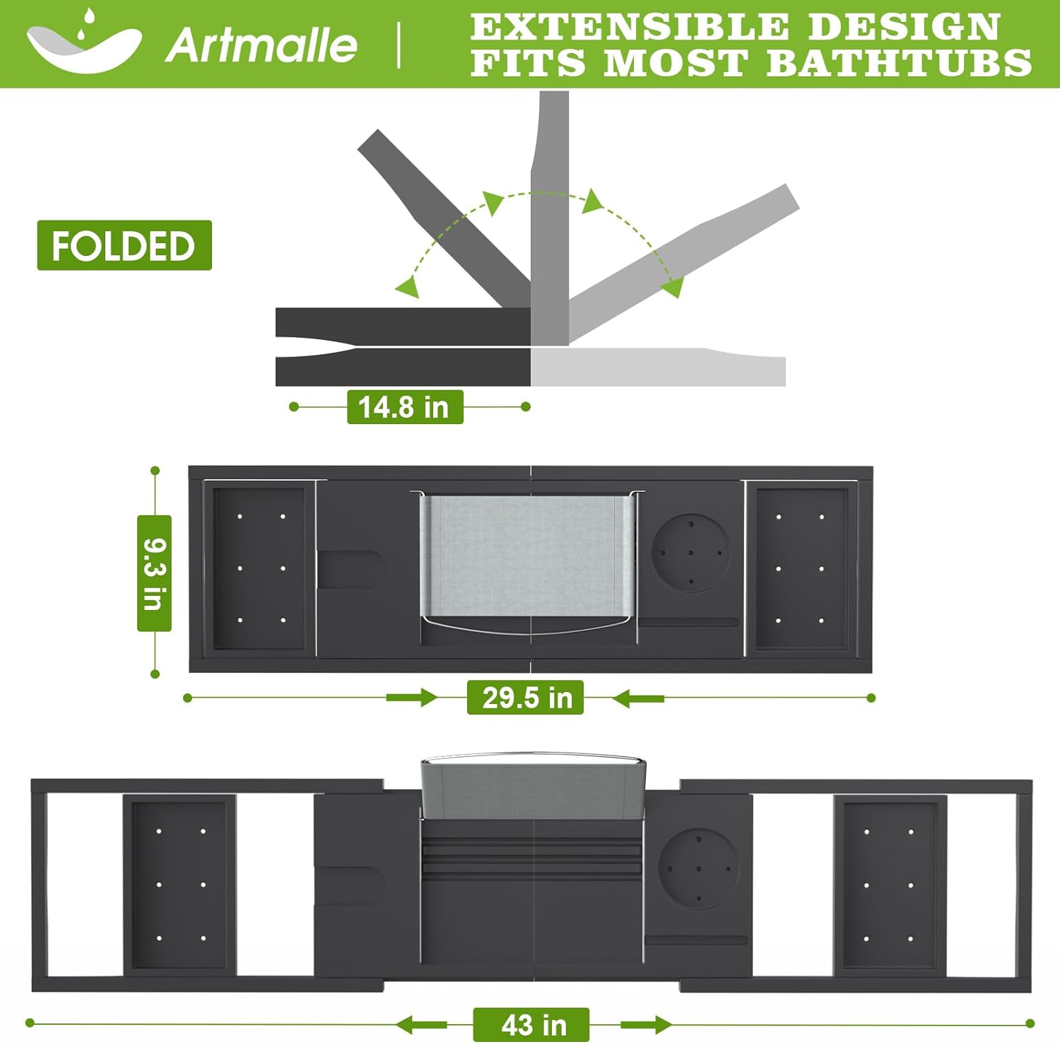 Artmalle Bathtub Caddy Tray for Tub,Foldable Bamboo Bath Table Tray with Book and Wine Glass Holder, Expandable Bathroom Accessories with Free Soap Dish Suitable for Luxury Spa or Reading