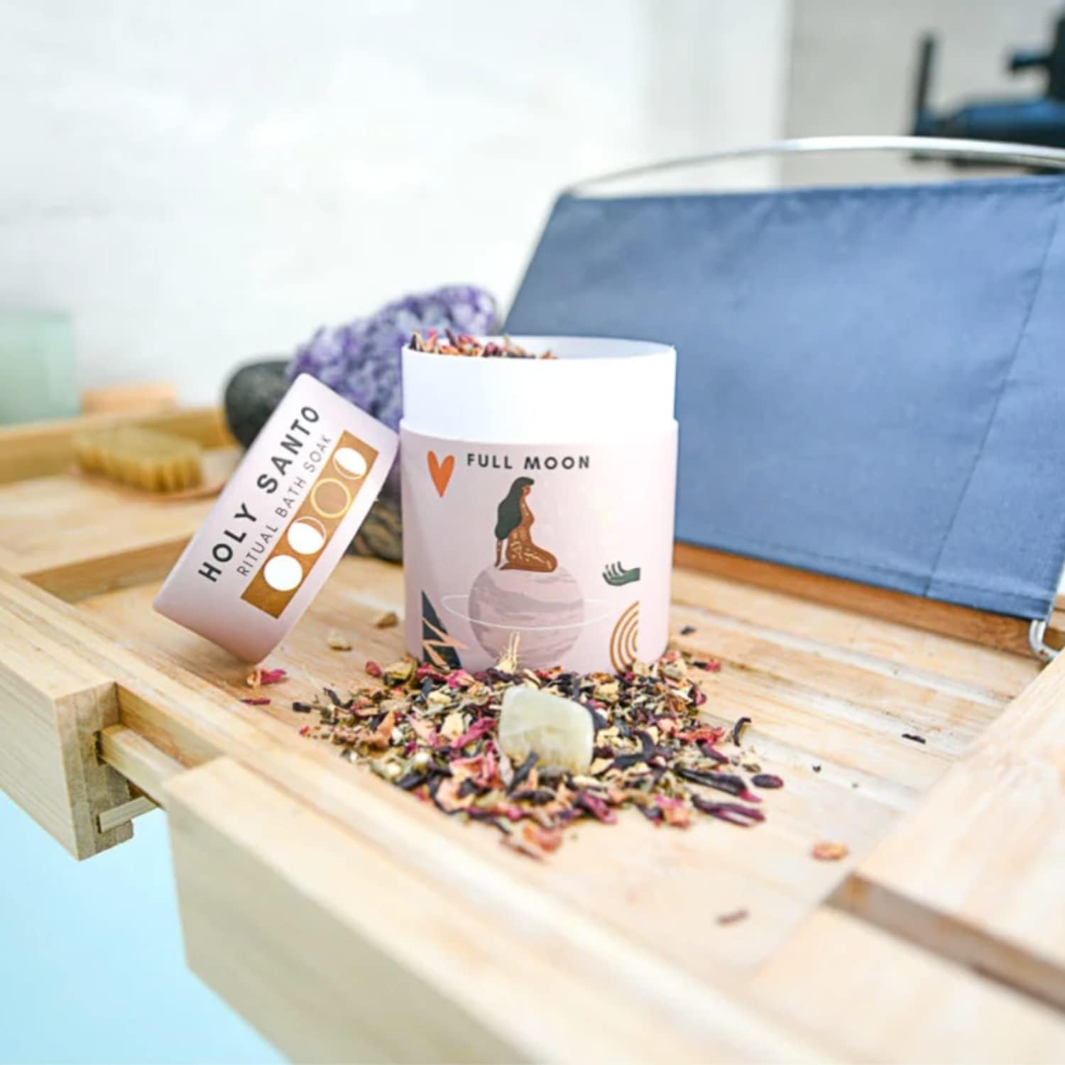 Moon Phase Organic Bath Soak with Dried Herbs and Flowers, Lavender, Rose Petals, Eucalyptus- Ritual Bath Accessories with Crystals for Relaxation. Stress Relief and Self Care Gifts for Women