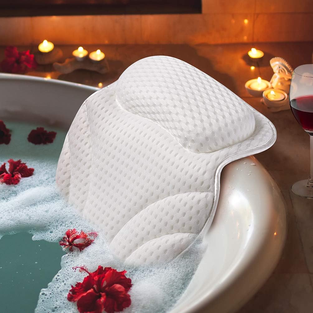 Bath Pillow Bathtub Spa Accessories - Bath Pillows for Tub Neck & Back Body Support Mat Cushion Bubble Bath Tub Shower Pillow Headrest Luxury with 4D Air Mesh & 6 Non-Slip Suction Cups