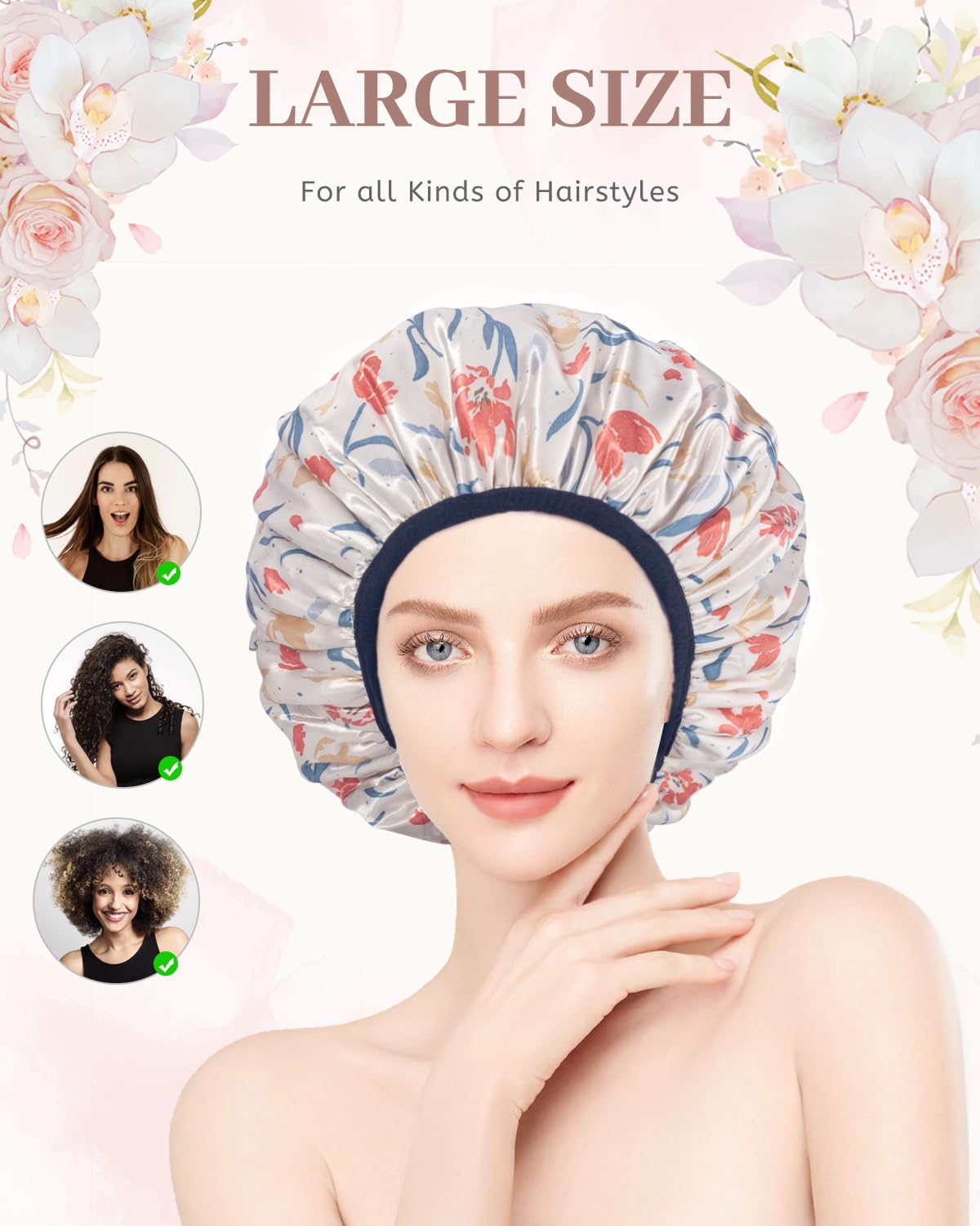 Aquior Shower Cap,Terry Cloth Lined Shower Cap for Women Reusable, Triple Layer Waterproof Bath Cap, Extra Large for Women Long Hair