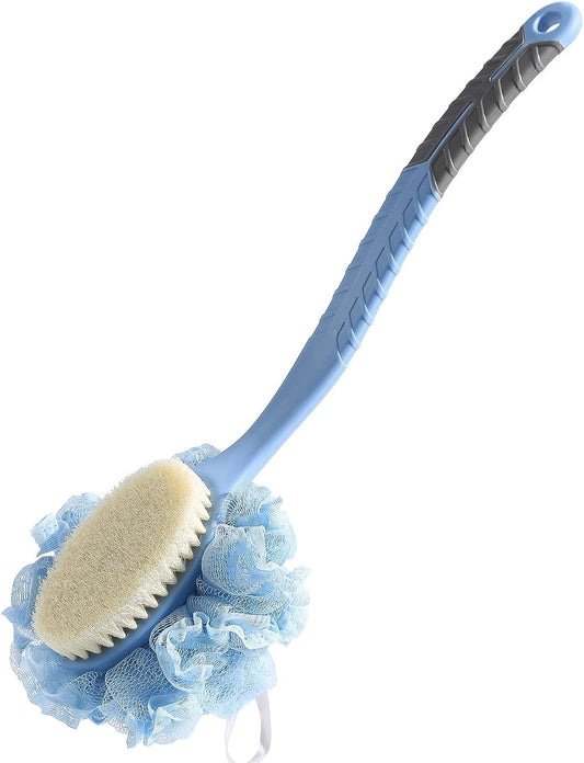Back Scrubber Brush,TEGOOL Body Bath Shower Brush with Bristles and Loofah/Mesh Sponge,16 Inches Long Handle Built-in TPR Material Non-Slip for Exfoliating Massage Men and Women(Blue)
