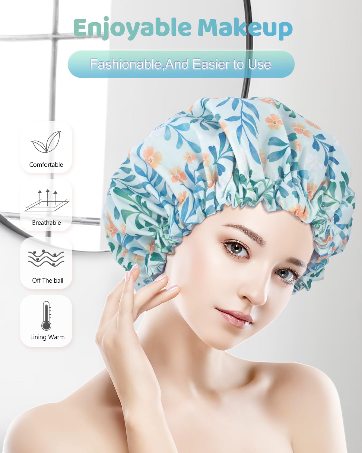 Aquior Shower Caps, Double Layer Waterproof Shower Cap for Women, Reusable Large Shower Cap for all Hair Lengths with EVA Lining, Soft Bath Shower Caps