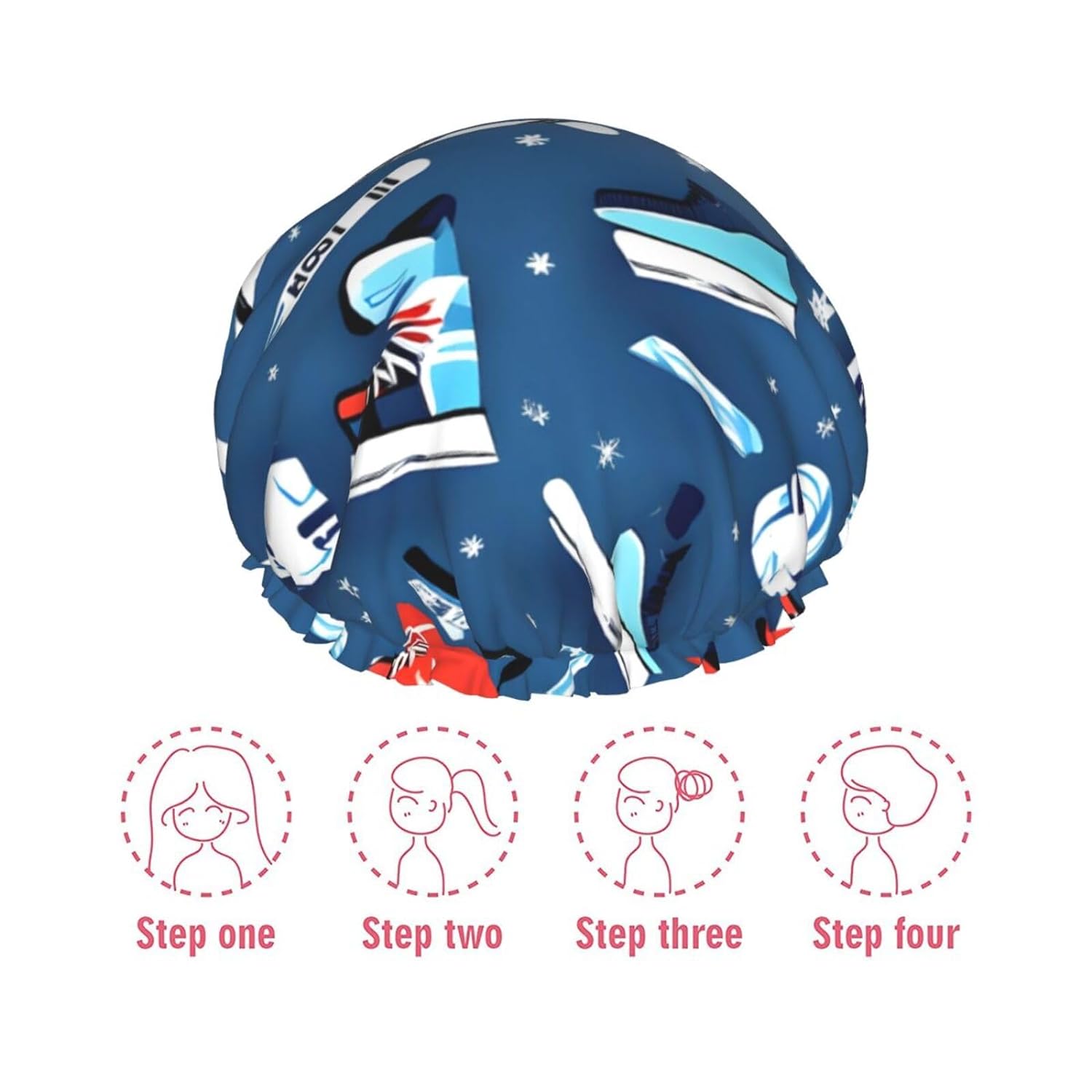 Ice Hockey print Print Reusable Shower Cap for Women,Double Waterproof Layers Bathing Hat,Quick Drying Bath Hair Cap