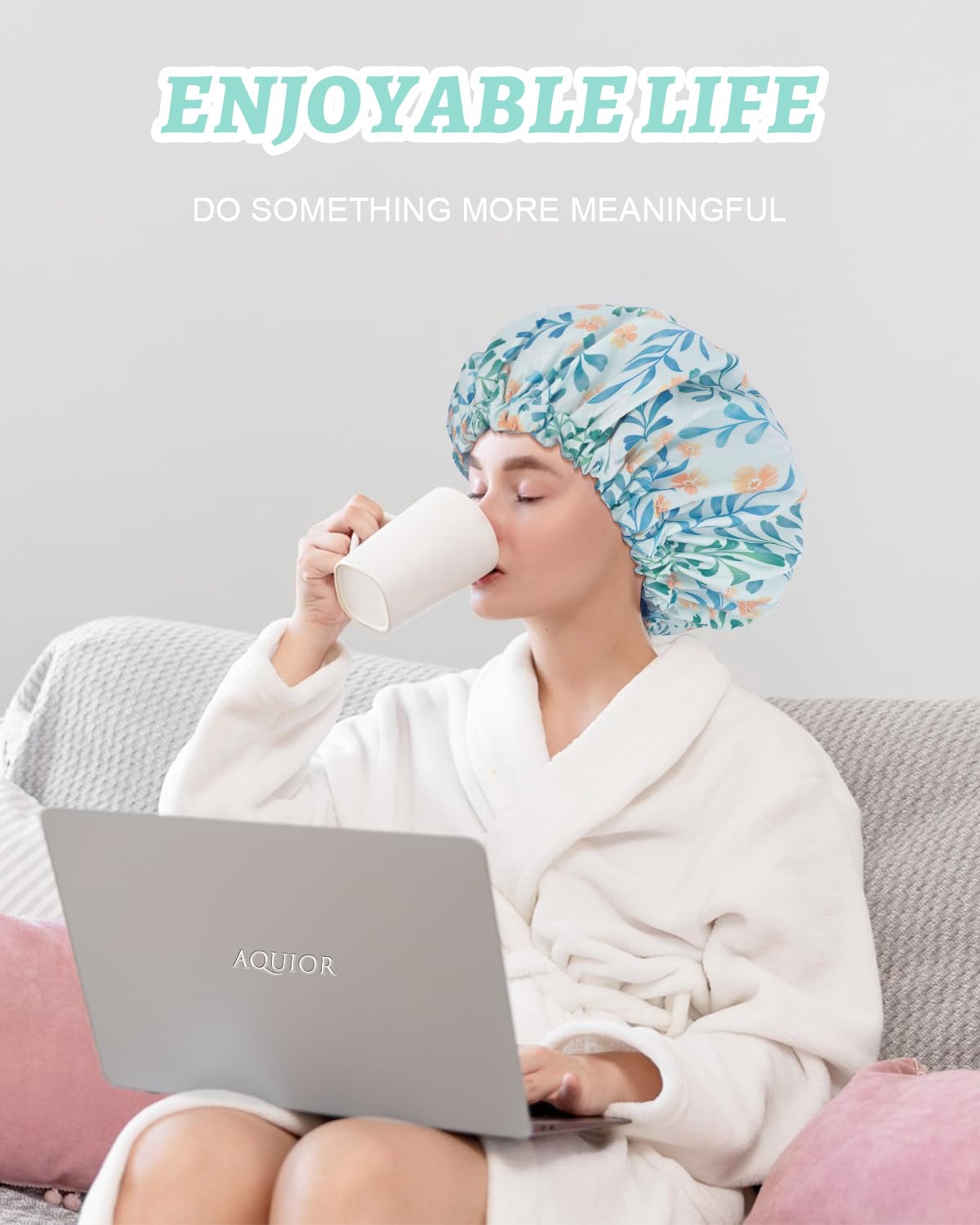 Aquior Shower Caps, Double Layer Waterproof Shower Cap for Women, Reusable Large Shower Cap for all Hair Lengths with EVA Lining, Soft Bath Shower Caps