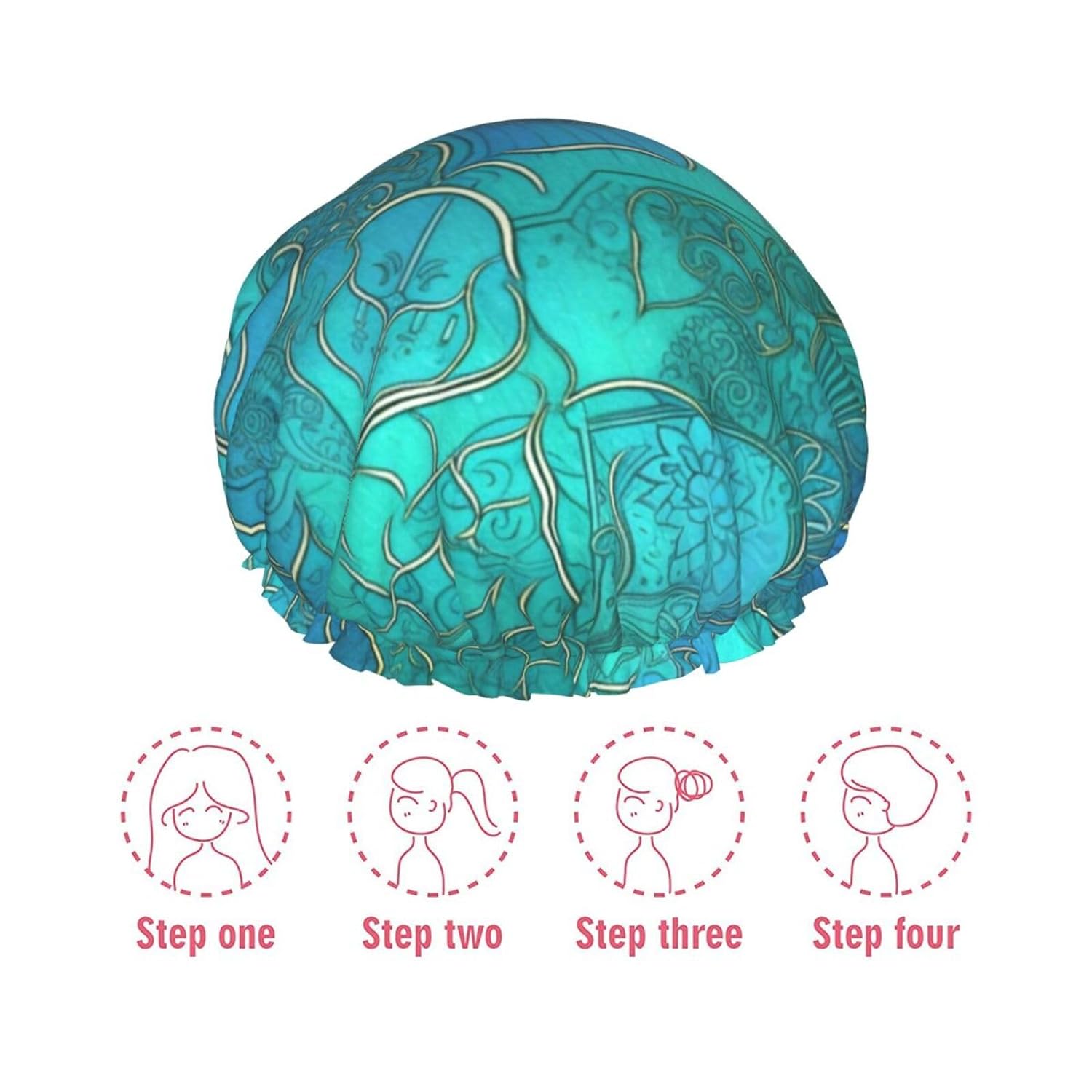 Turquoise Pattern Printed Shower Cap For Women Double Layer Waterproof Bath Hair Hat Reusable Bath Caps Elastic Hair Protection Ladies Spa Salon Bathing Shower Hat
