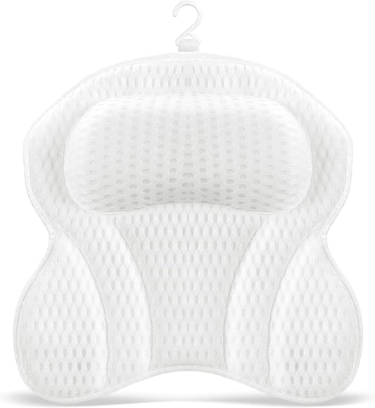 SwiftComfort Luxury Bath Pillow, Ergonomic Bathtub Spa Pillow with 4D Air Mesh Technology and 6 Suction Cups, Helps Support Head, Back, Shoulder Neck, Fits All Bathtub, Hot Tub Home, White