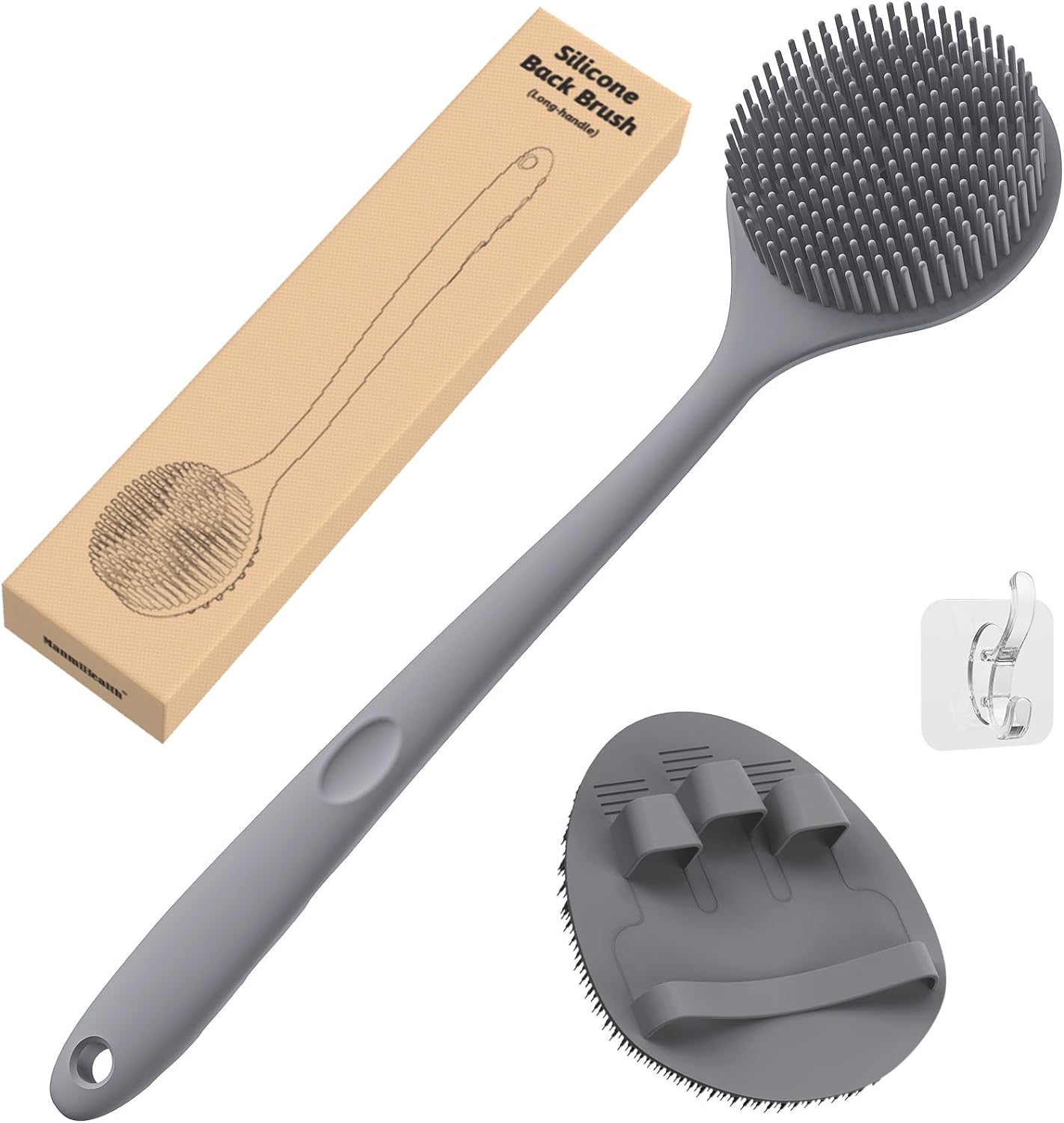 Manmihealth Silicone Back Scrubber(Thick Bristles) & Soft Bath Glove Set, Super-Exfoliating Body Scrubber & Super-Lathering Shower Brush Combination, with a Free Hook.(Black)