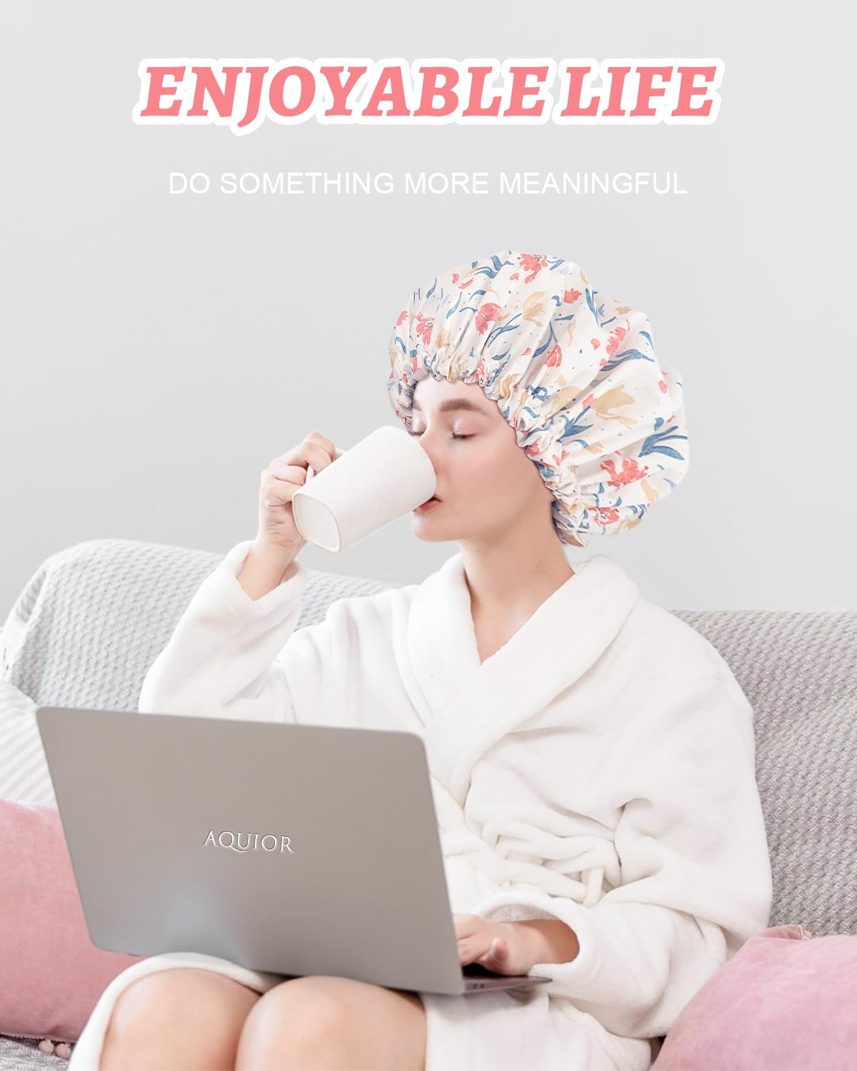 Aquior Shower Caps, Double Layer Waterproof Shower Cap for Women, Reusable Large Shower Cap for all Hair Lengths with EVA Lining, Soft Bath Shower Caps