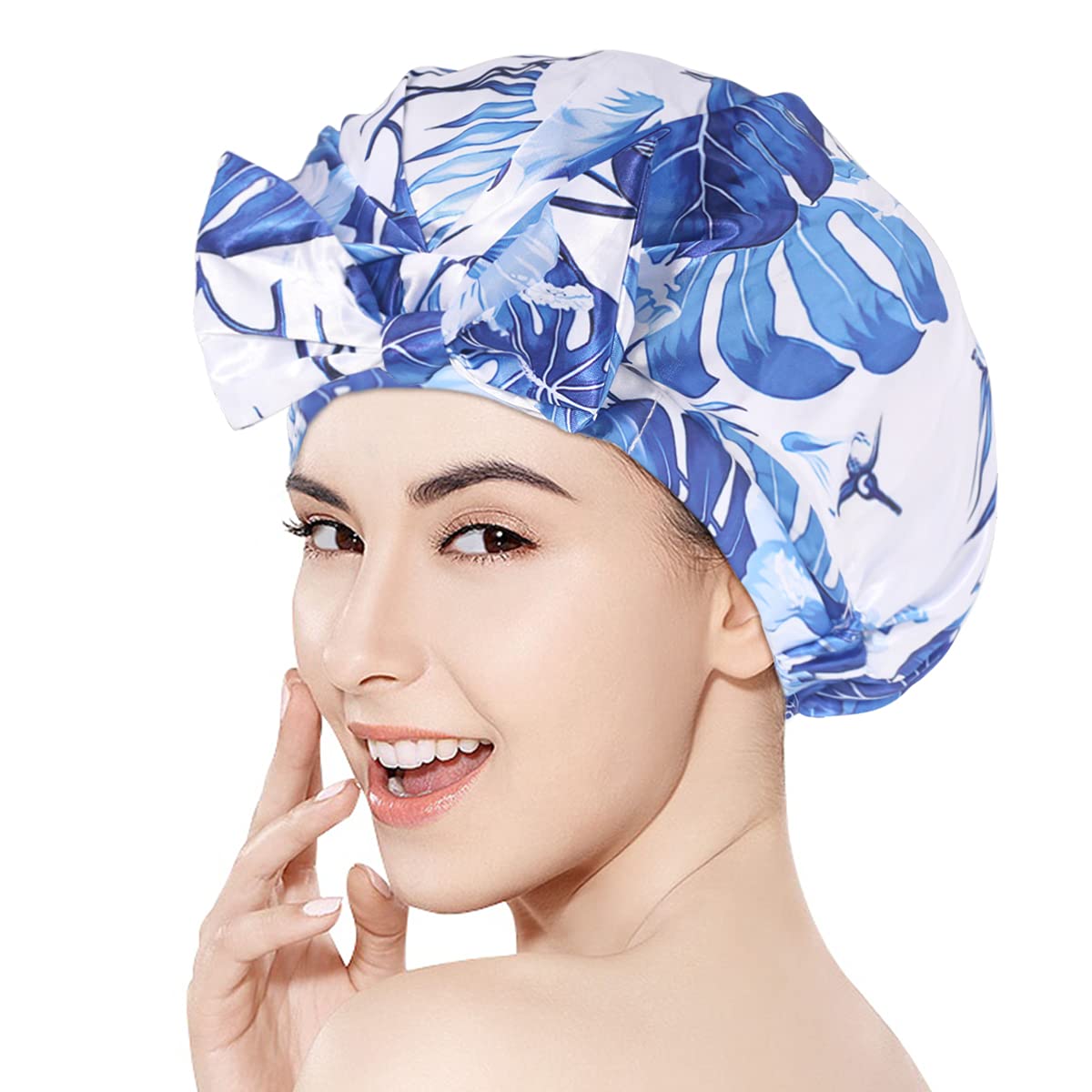 Auban Shower Cap Reusable,Ribbon Bow Bath Cap Large Design With Waterproof Exterior for All Hair Lengths,Great for Girls Spa Home Use,Hotel and Hair Salon (Green)
