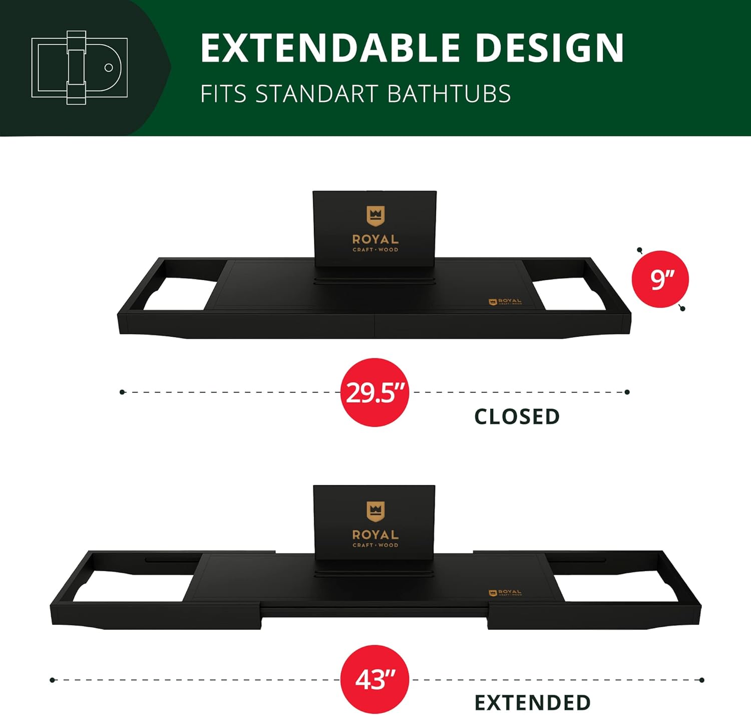 ROYAL CRAFT WOOD Foldable Bathtub Tray Caddy Bamboo Bathtub Tray Expandable, Bath Tub Table Caddy with Extending Sides - Free Soap Dish