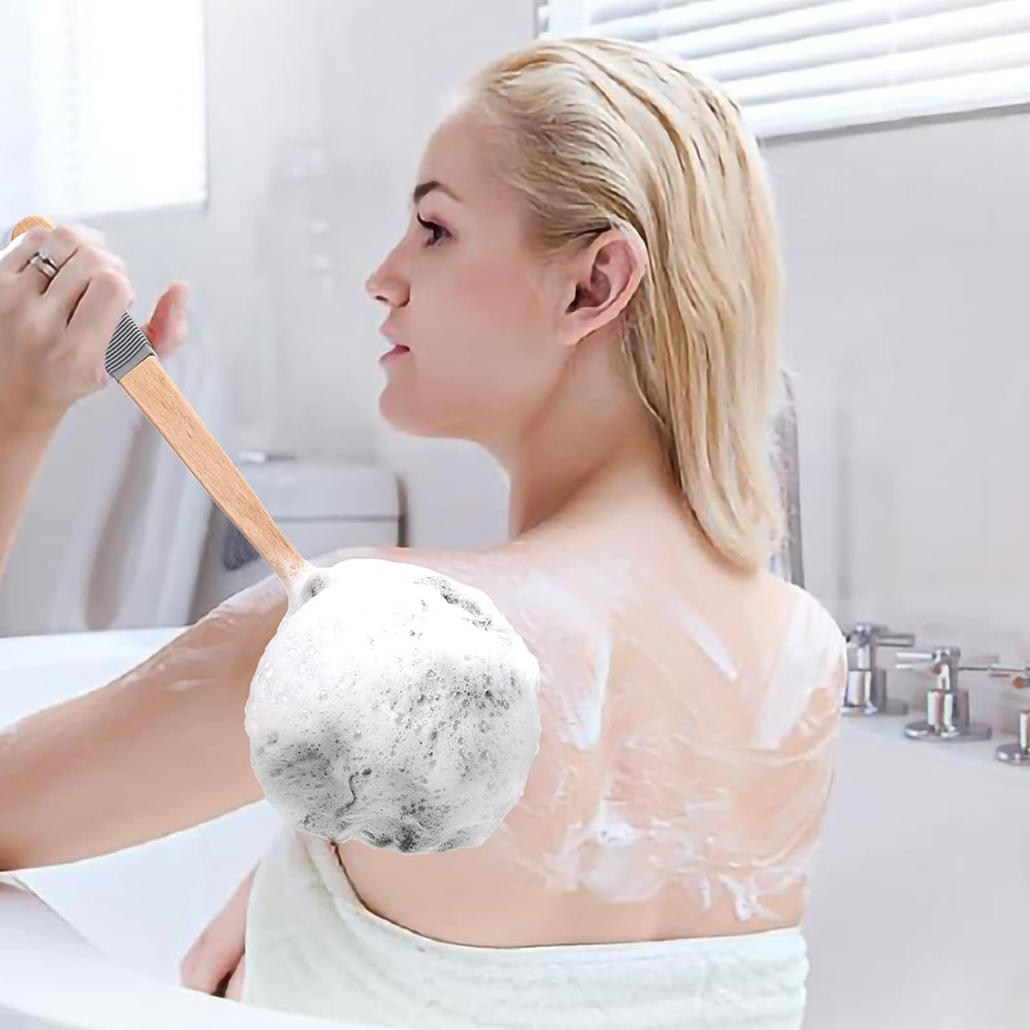 AmazerBath Shower Sponge Loofah Back Scrubber, PE Soft Mesh Loofah Body Scrubber with Long Wooden Handle, Bath Sponge for Men Women (Pink)