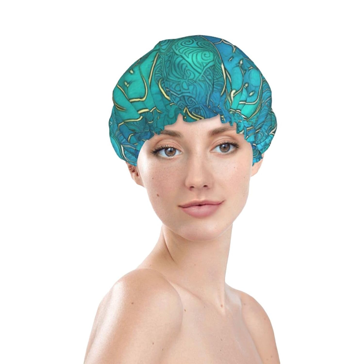 Turquoise Pattern Printed Shower Cap For Women Double Layer Waterproof Bath Hair Hat Reusable Bath Caps Elastic Hair Protection Ladies Spa Salon Bathing Shower Hat