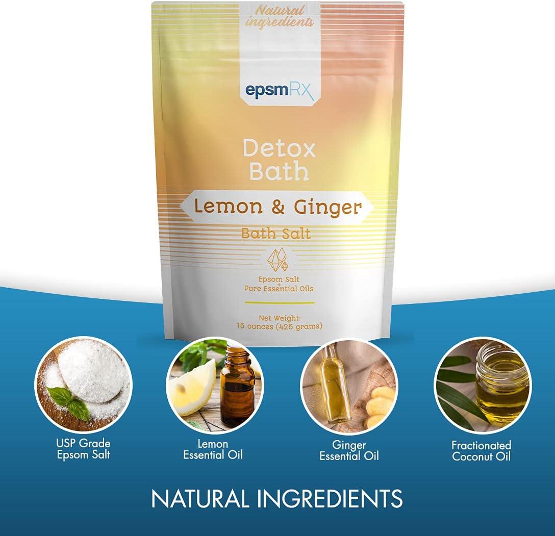 epsmRx Detox Bath Salt 15 Oz Epsom Salt Bath Soak Pouch, Lemon Essential Oil, Ginger Essential Oil