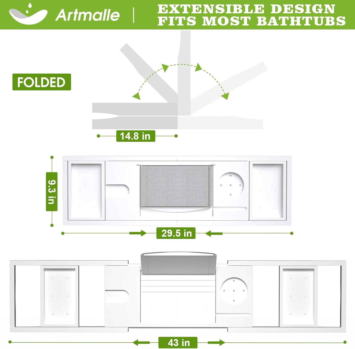 Artmalle Bathtub Caddy Tray for Tub,Foldable Bamboo Bath Table Tray with Book and Wine Glass Holder, Expandable Bathroom Accessories with Free Soap Dish Suitable for Luxury Spa or Reading