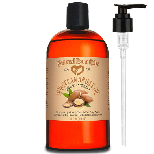 Natural Born Oils Aceite de argán marroquí. 16oz. 100% puro y natural, prensado en frío, orgánico. Hidratante natural para tu piel y cabello