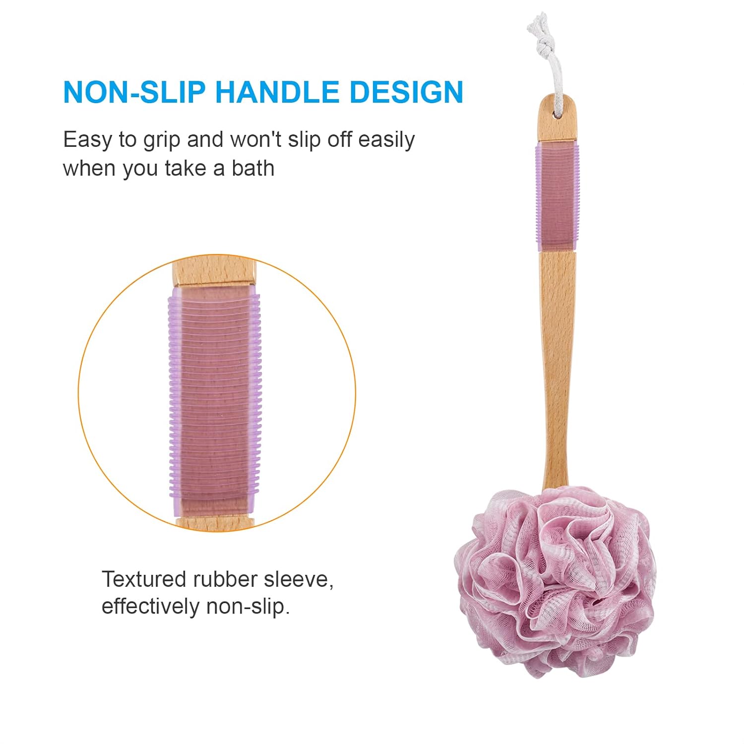 AmazerBath Shower Sponge Loofah Back Scrubber, PE Soft Mesh Loofah Body Scrubber with Long Wooden Handle, Bath Sponge for Men Women (Pink)